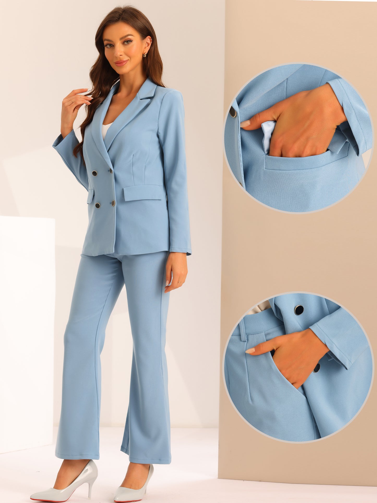 Traje de trabajo formal de dos piezas para mujer, conjunto de blazer y pantalón cruzado.