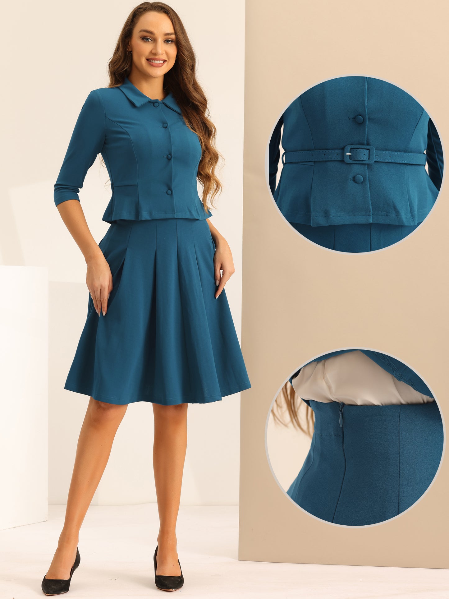 Conjunto de traje de negocios de 2 piezas para mujer, chaqueta de oficina con mangas 3/4 y falda plisada