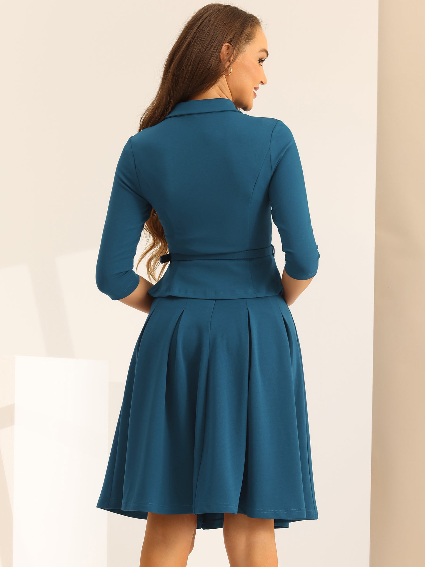 Conjunto de traje de negocios de 2 piezas para mujer, chaqueta de oficina con mangas 3/4 y falda plisada