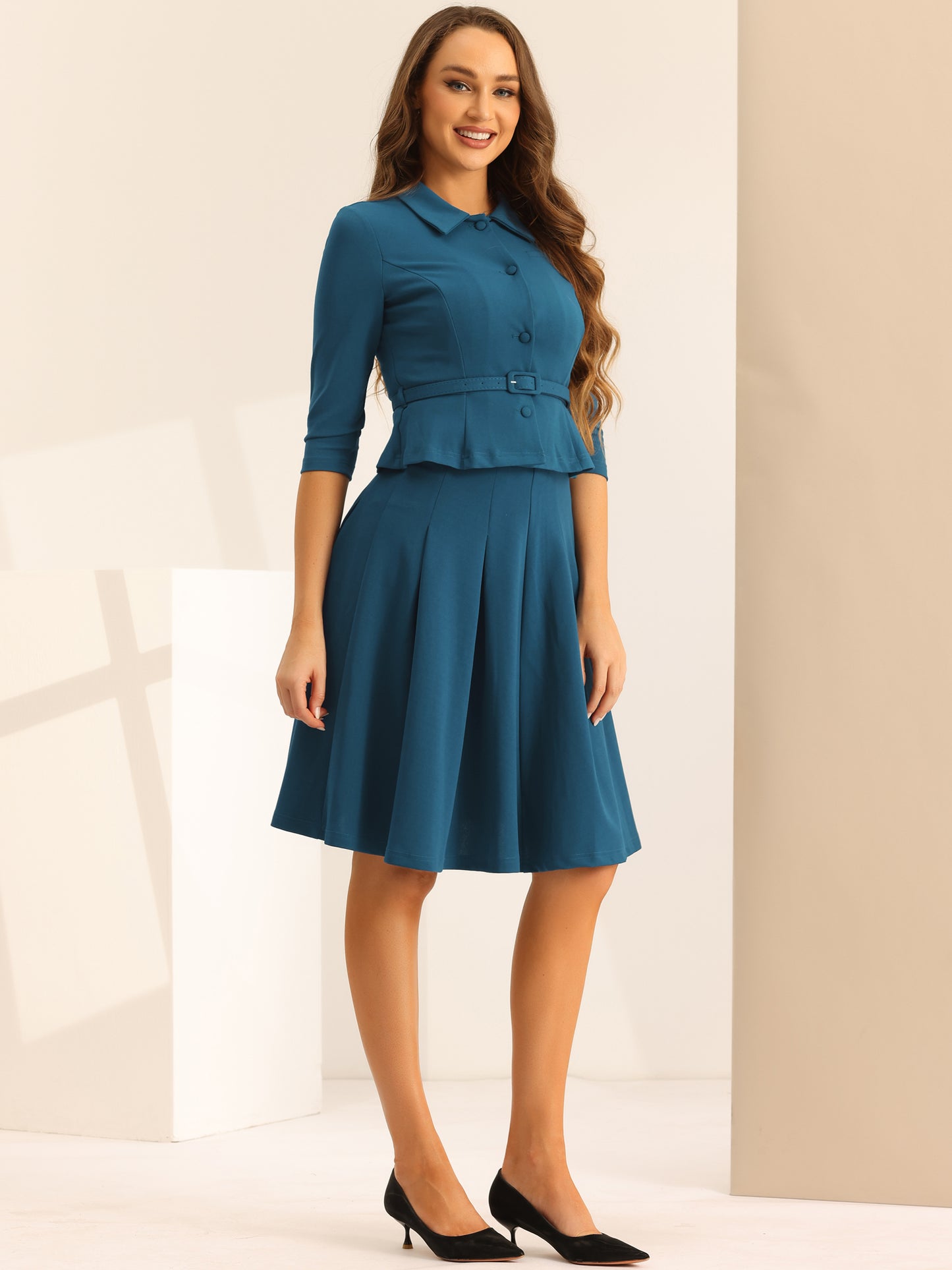 Conjunto de traje de negocios de 2 piezas para mujer, chaqueta de oficina con mangas 3/4 y falda plisada