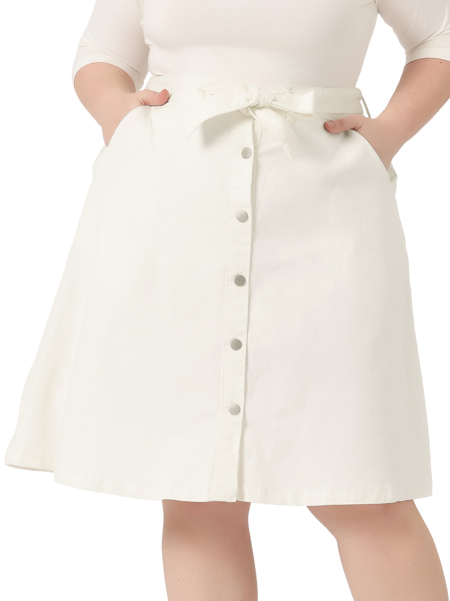 Women's Plus Size Denim Skirts Tie Waist A-Line with Pockets Midi Summer Jeans Skirt