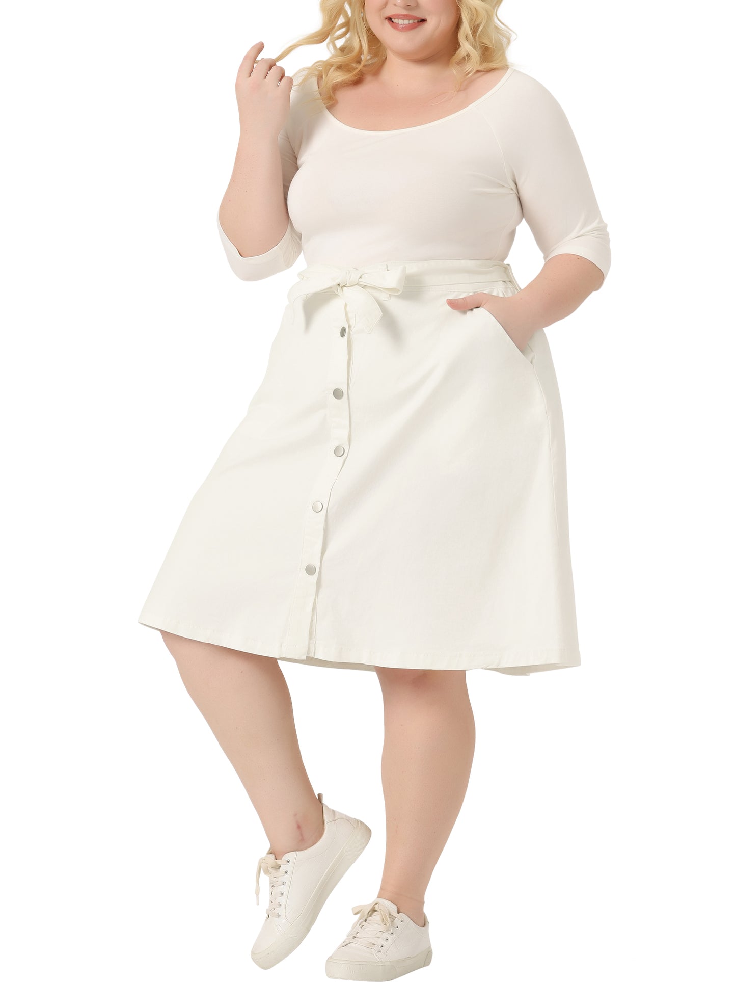 Women's Plus Size Denim Skirts Tie Waist A-Line with Pockets Midi Summer Jeans Skirt