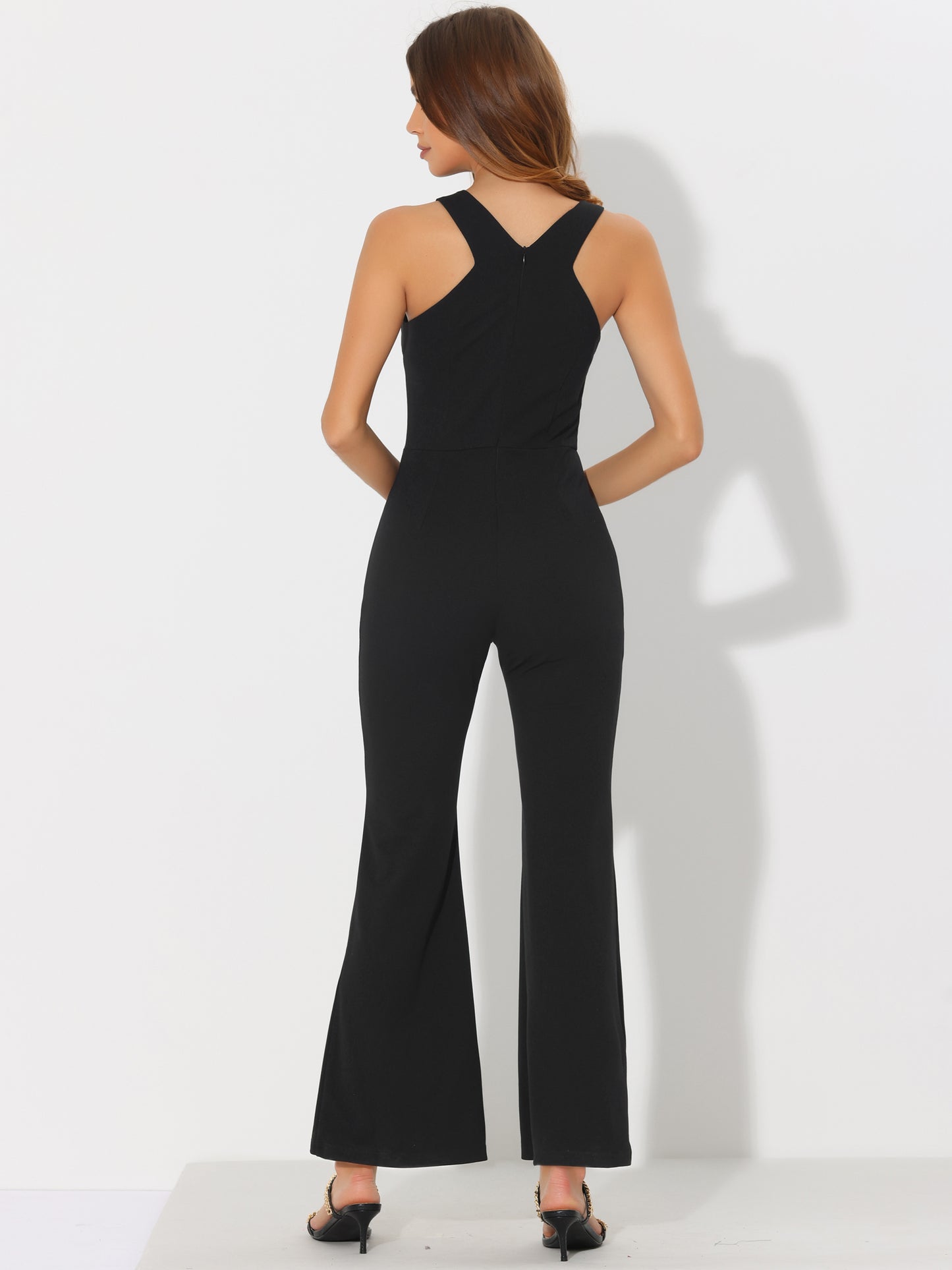 Women's Sleeveless V Neck High Waist Split Flare Leg Elegant Slit Hem Jumpsuits