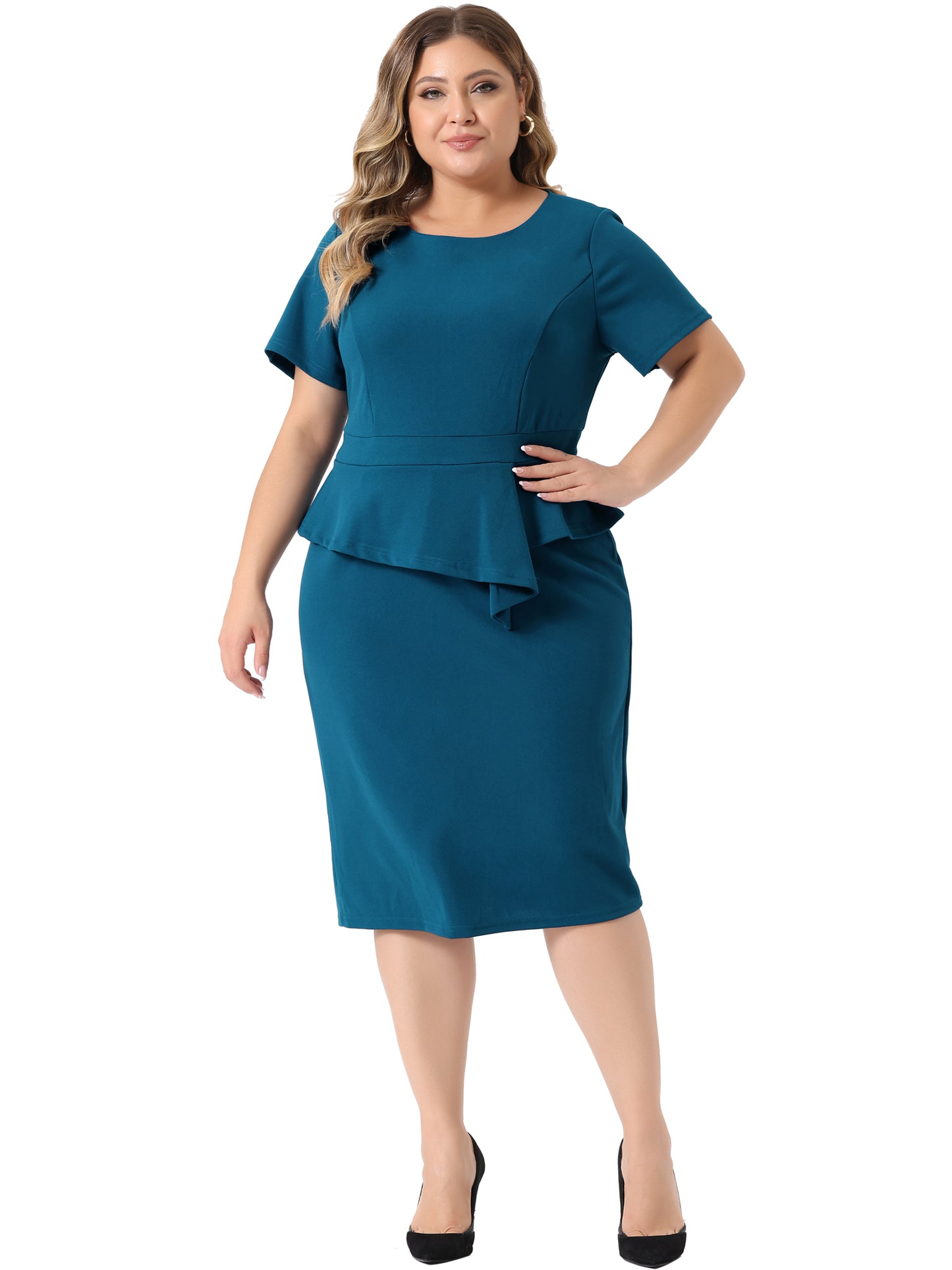 Women Plus Size Business Dresses Short Sleeves Crew Neck Work Office Peplum Pencil Dress
