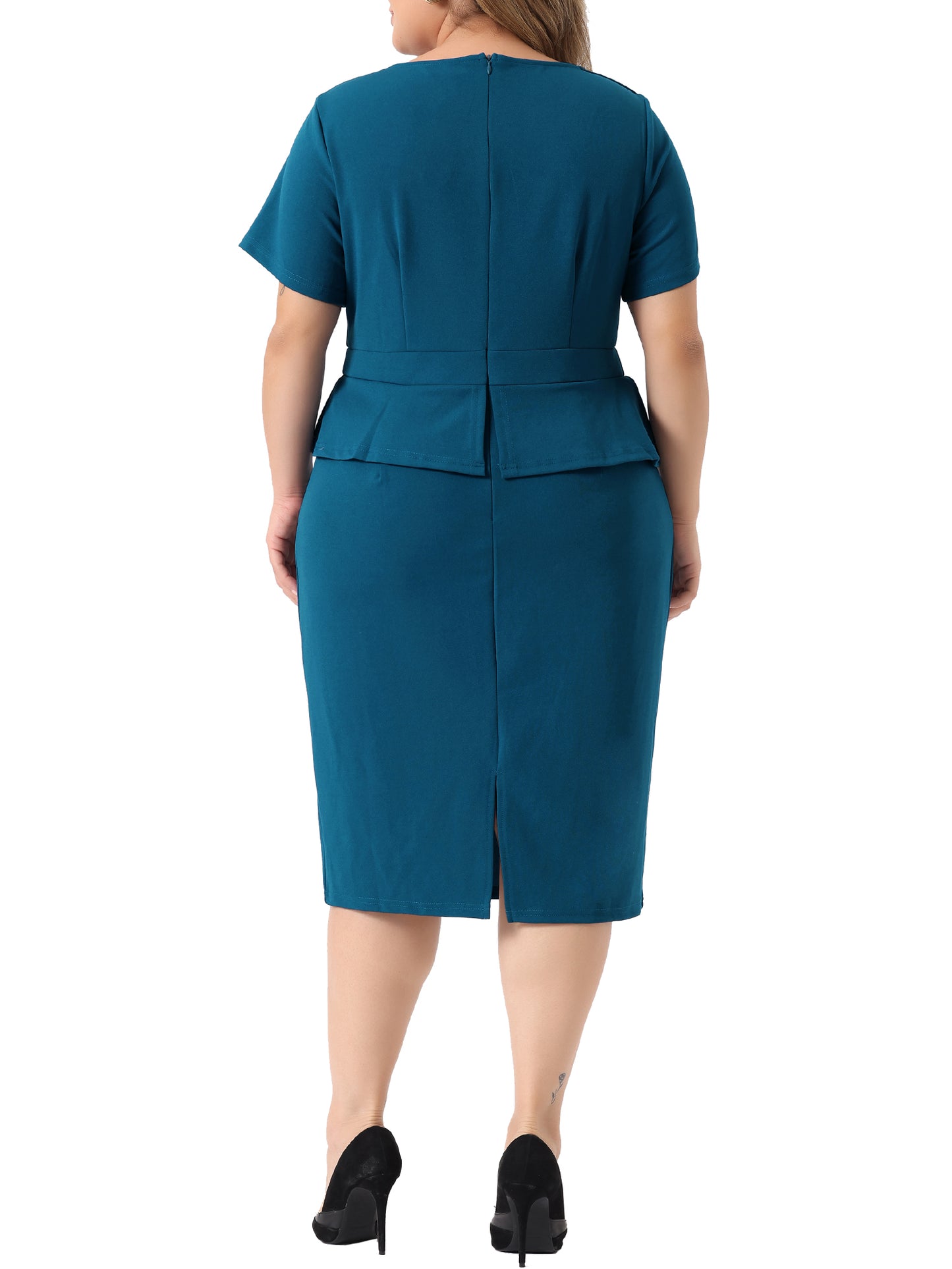 Women Plus Size Business Dresses Short Sleeves Crew Neck Work Office Peplum Pencil Dress