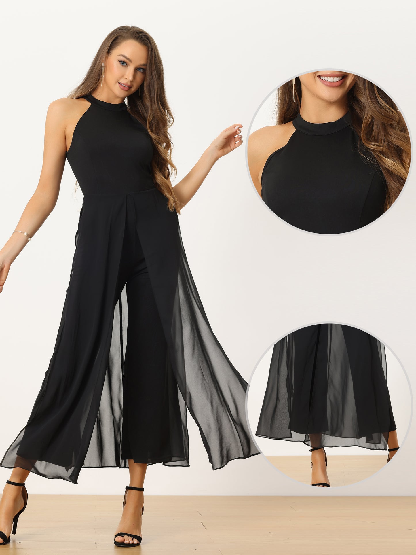 Women's Summer Sleeveless Halter Neck Wedding Chiffon Wide Leg Dressy Elegant Jumpsuit