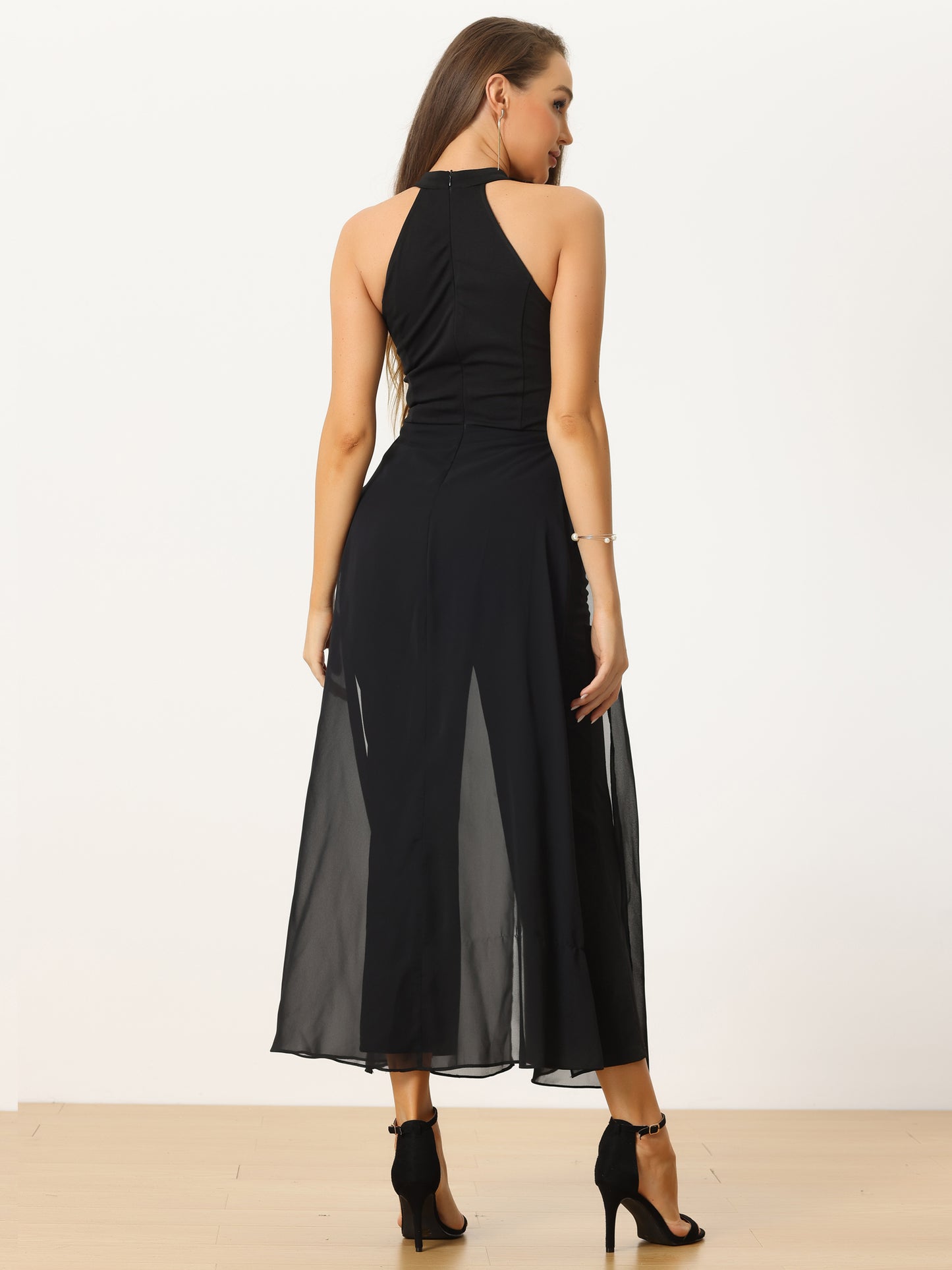 Women's Summer Sleeveless Halter Neck Wedding Chiffon Wide Leg Dressy Elegant Jumpsuit