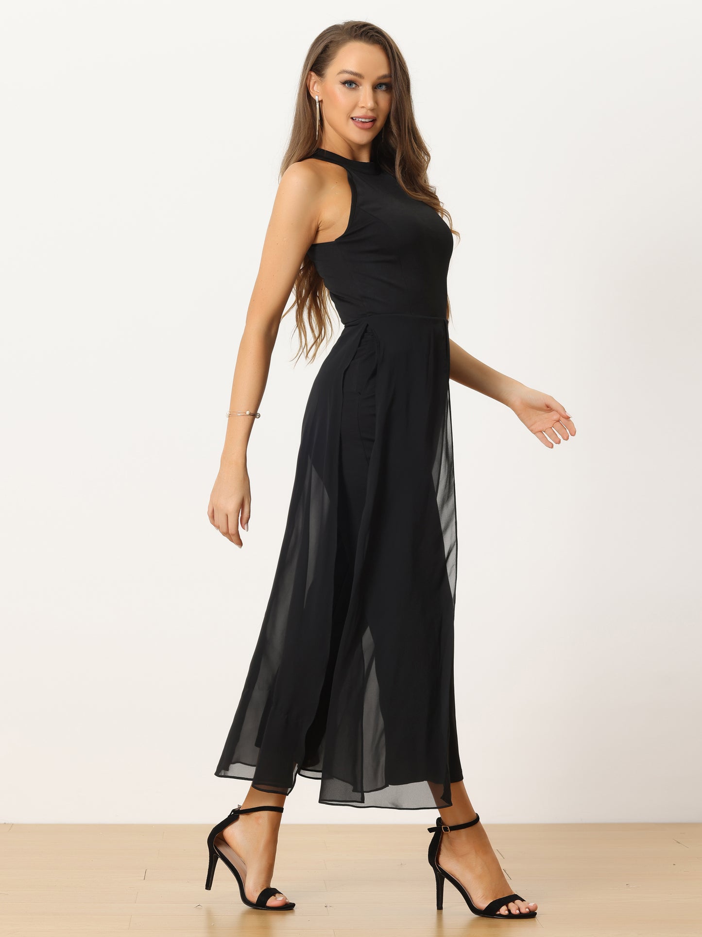 Women's Summer Sleeveless Halter Neck Wedding Chiffon Wide Leg Dressy Elegant Jumpsuit