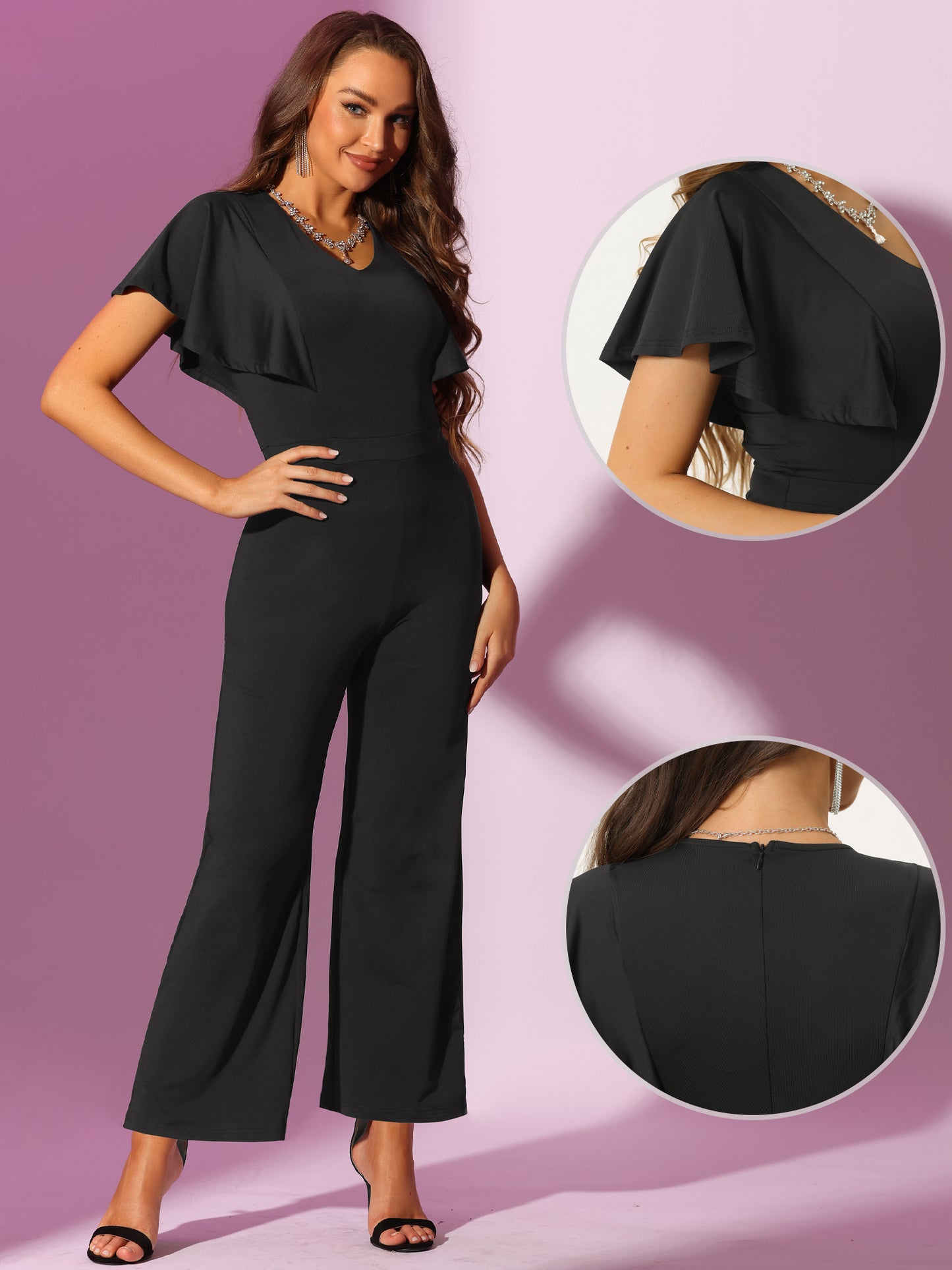 Women's V Neck Jumpsuit High Waist Ruflled Short Sleeve Casual Dressy Long Wide Leg Jumpsuits