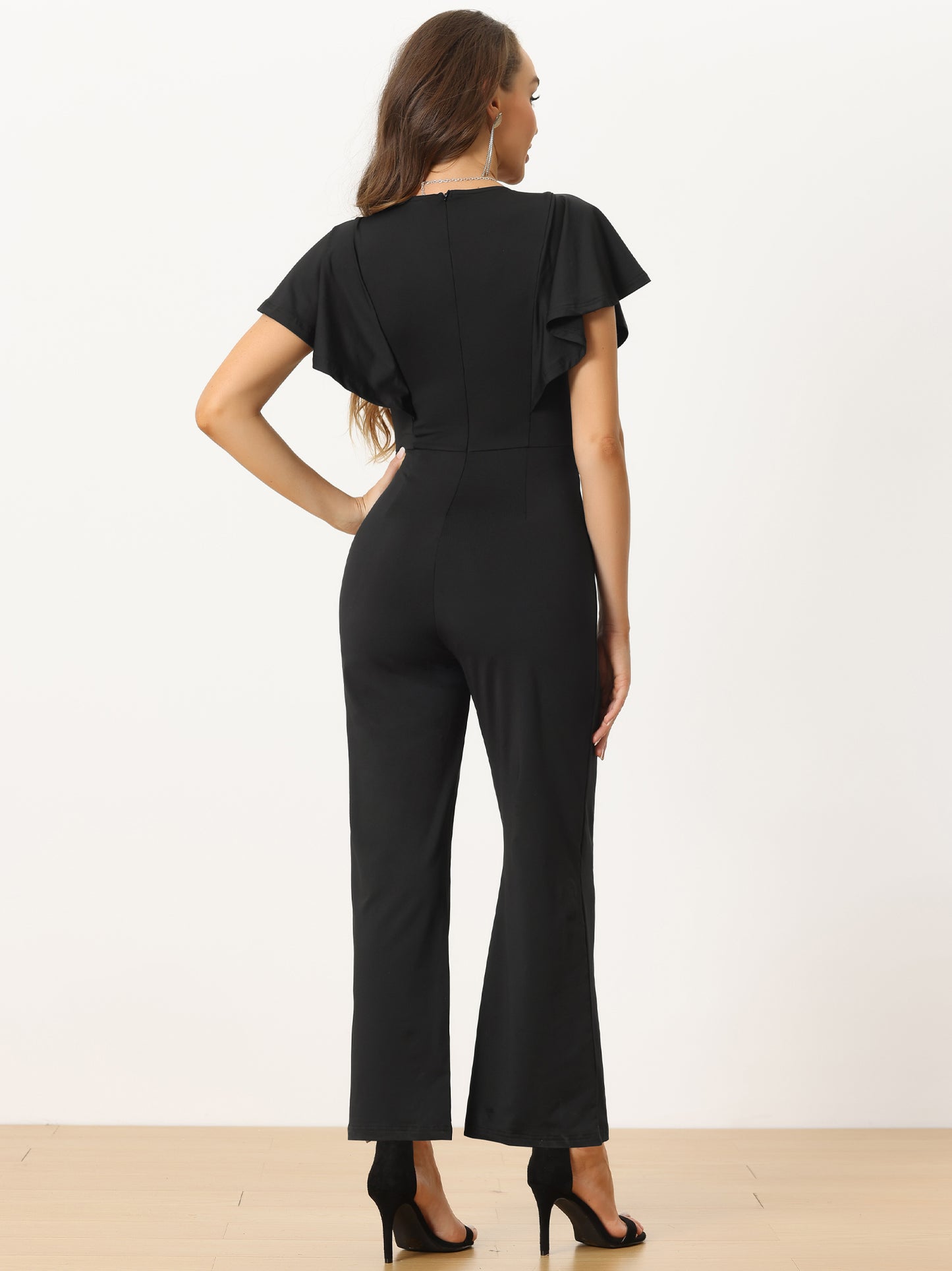 Women's V Neck Jumpsuit High Waist Ruflled Short Sleeve Casual Dressy Long Wide Leg Jumpsuits