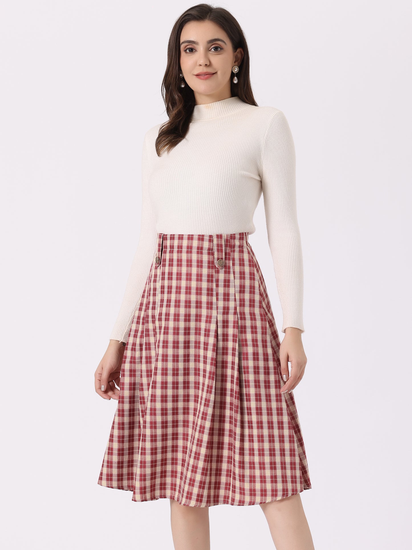 Faldas a cuadros vintage para mujer, falda midi plisada de cintura alta y corte A