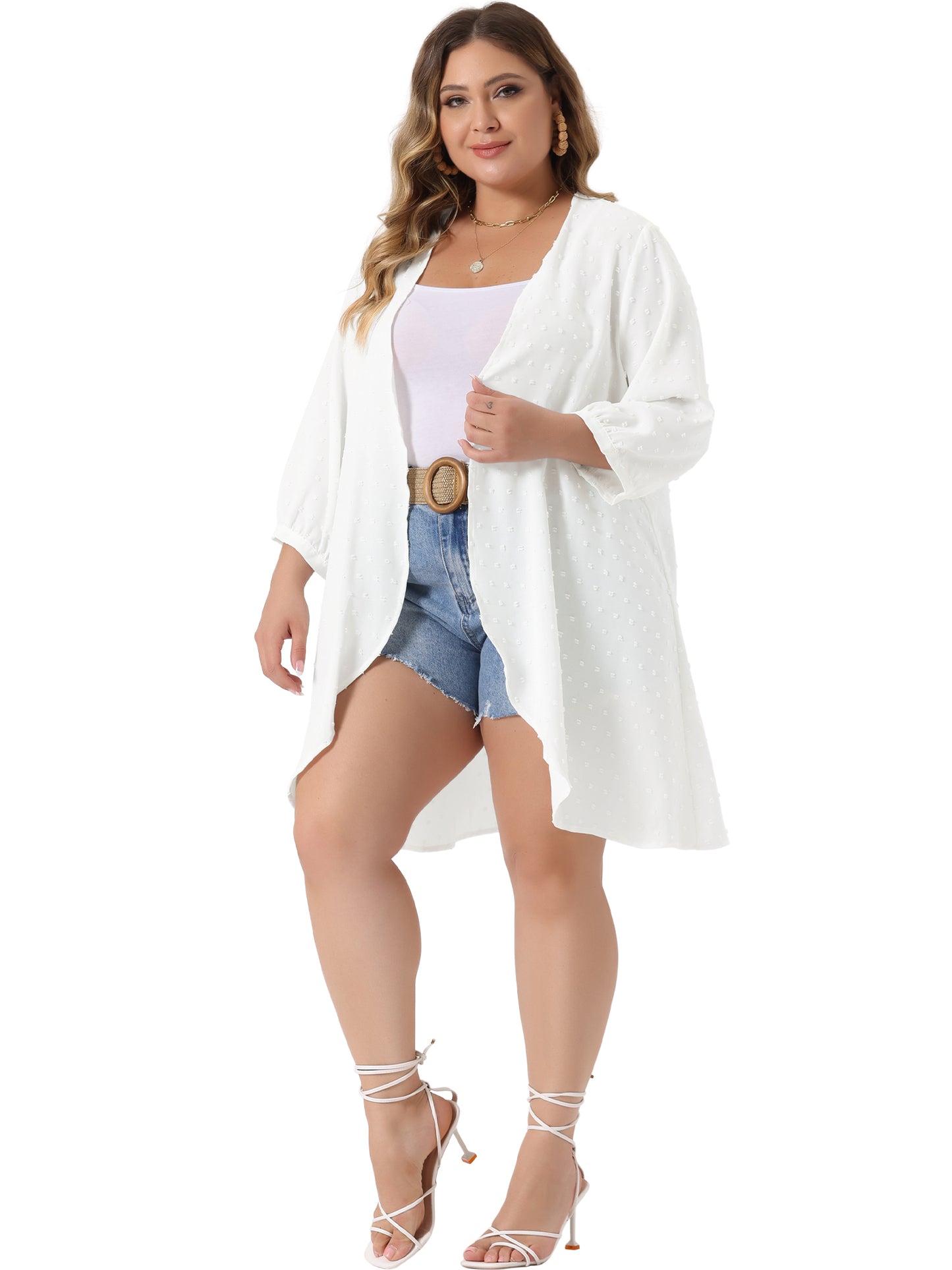 Women Plus Size Cardigan Open Front 3/4 Sleeve Swiss Dots Lightweight Casual Cover Up