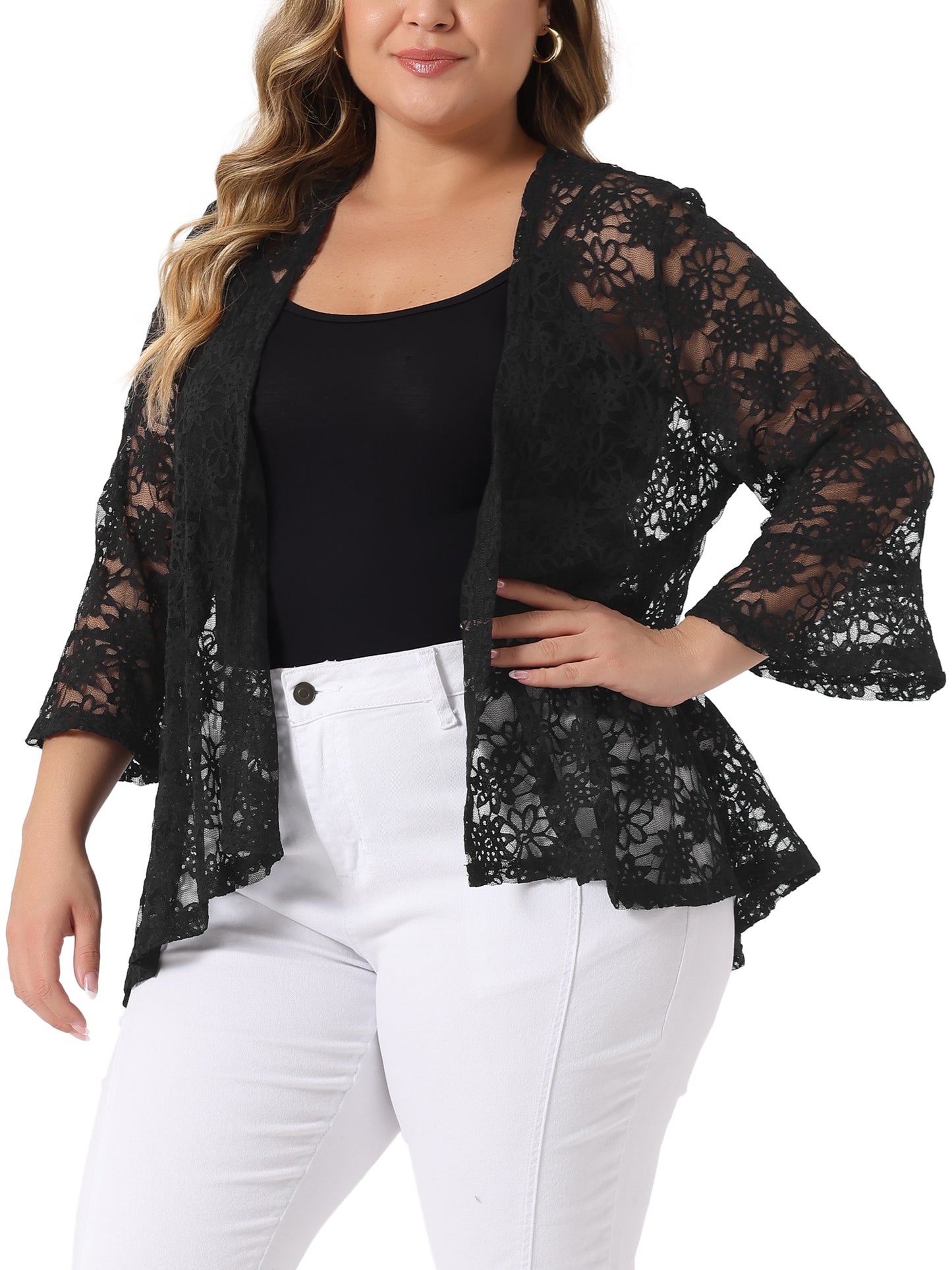 Women Plus Size Cardigans Open Front 3/4 Bell Sleeve Sheer Lightweight Lace Cover Up