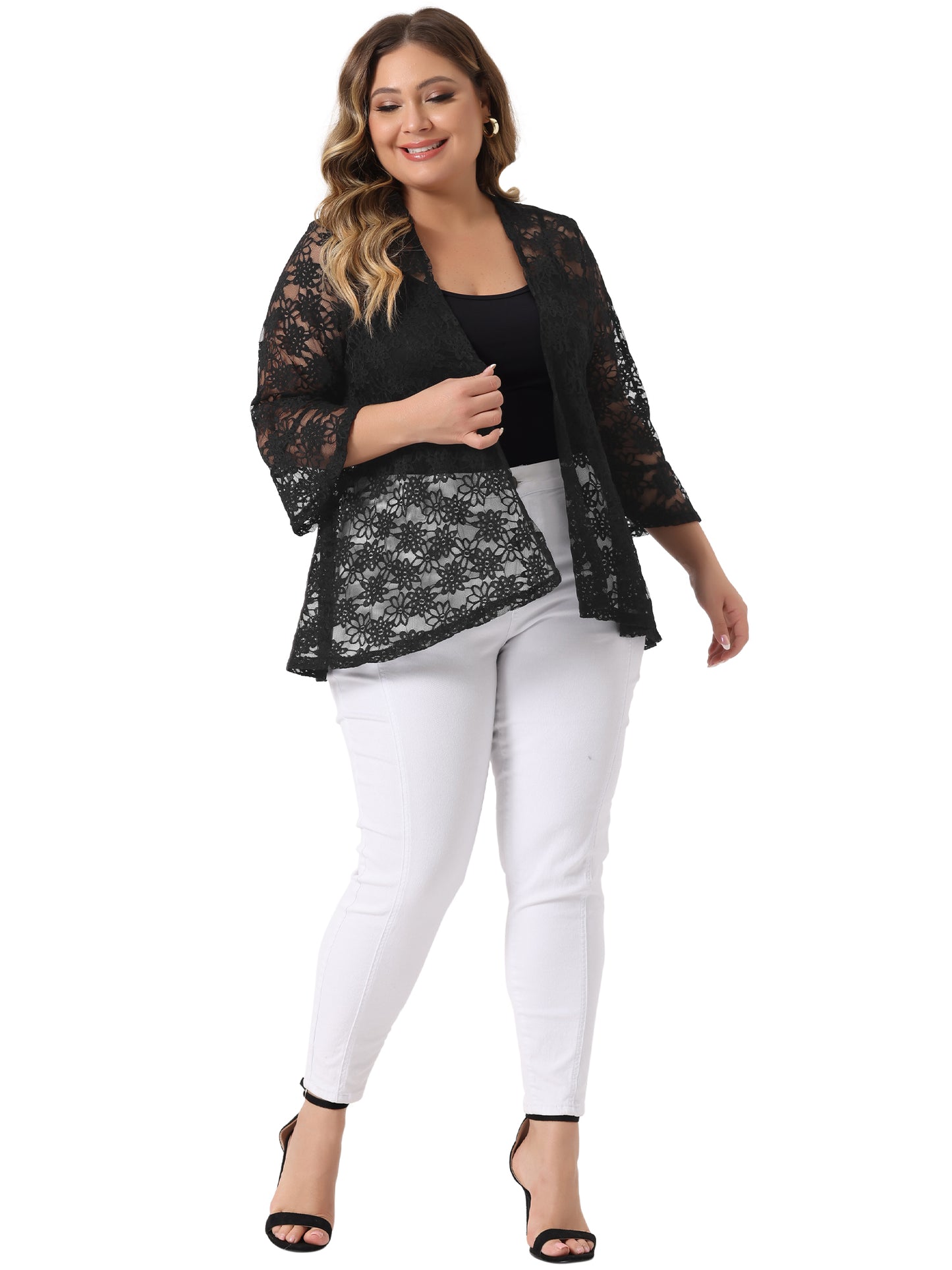 Women Plus Size Cardigans Open Front 3/4 Bell Sleeve Sheer Lightweight Lace Cover Up