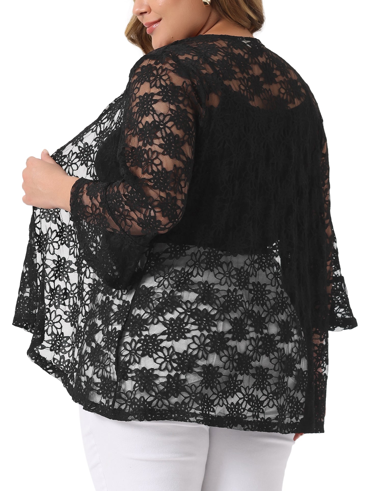 Women Plus Size Cardigans Open Front 3/4 Bell Sleeve Sheer Lightweight Lace Cover Up