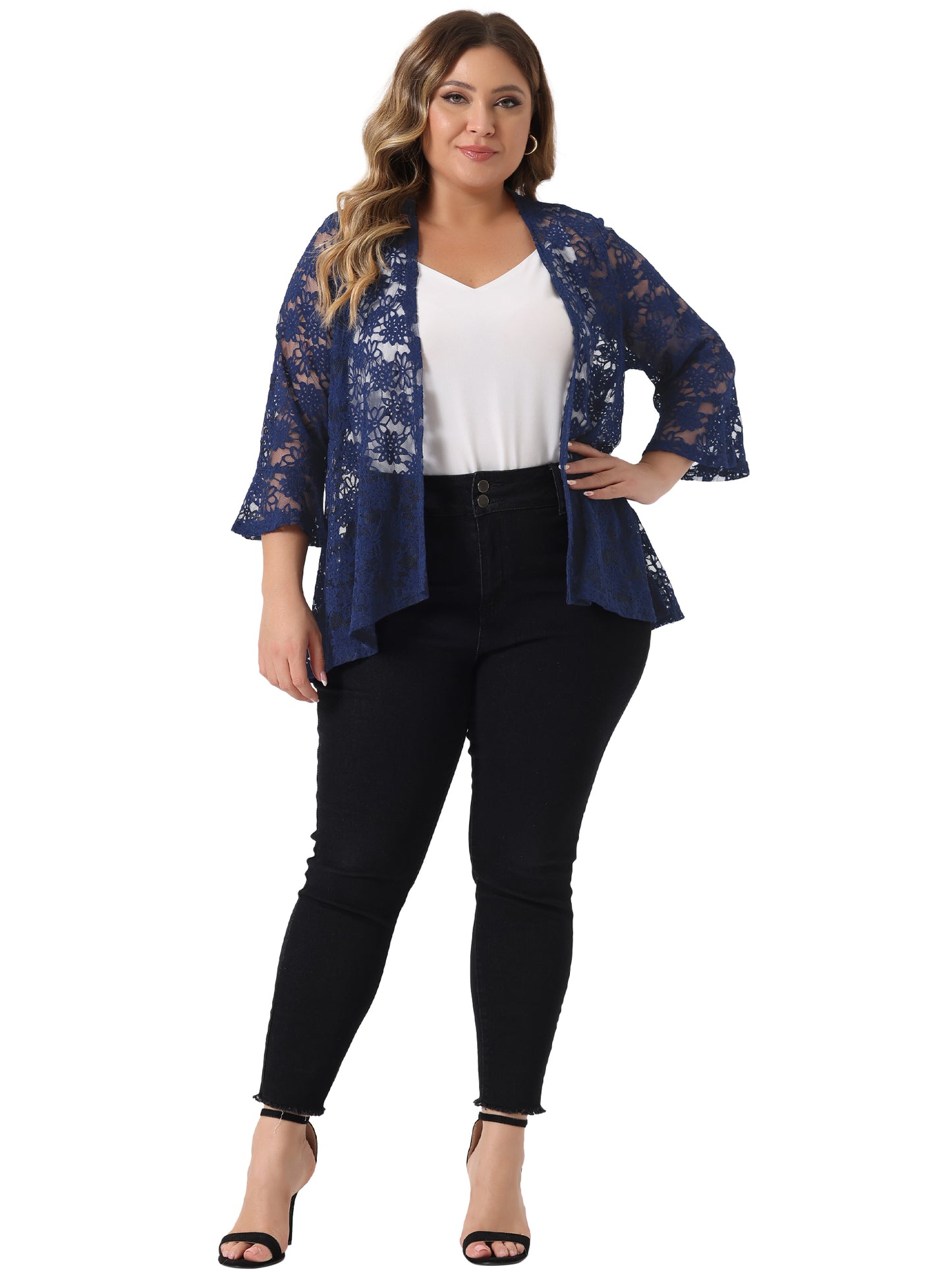 Women Plus Size Cardigans Open Front 3/4 Bell Sleeve Sheer Lightweight Lace Cover Up