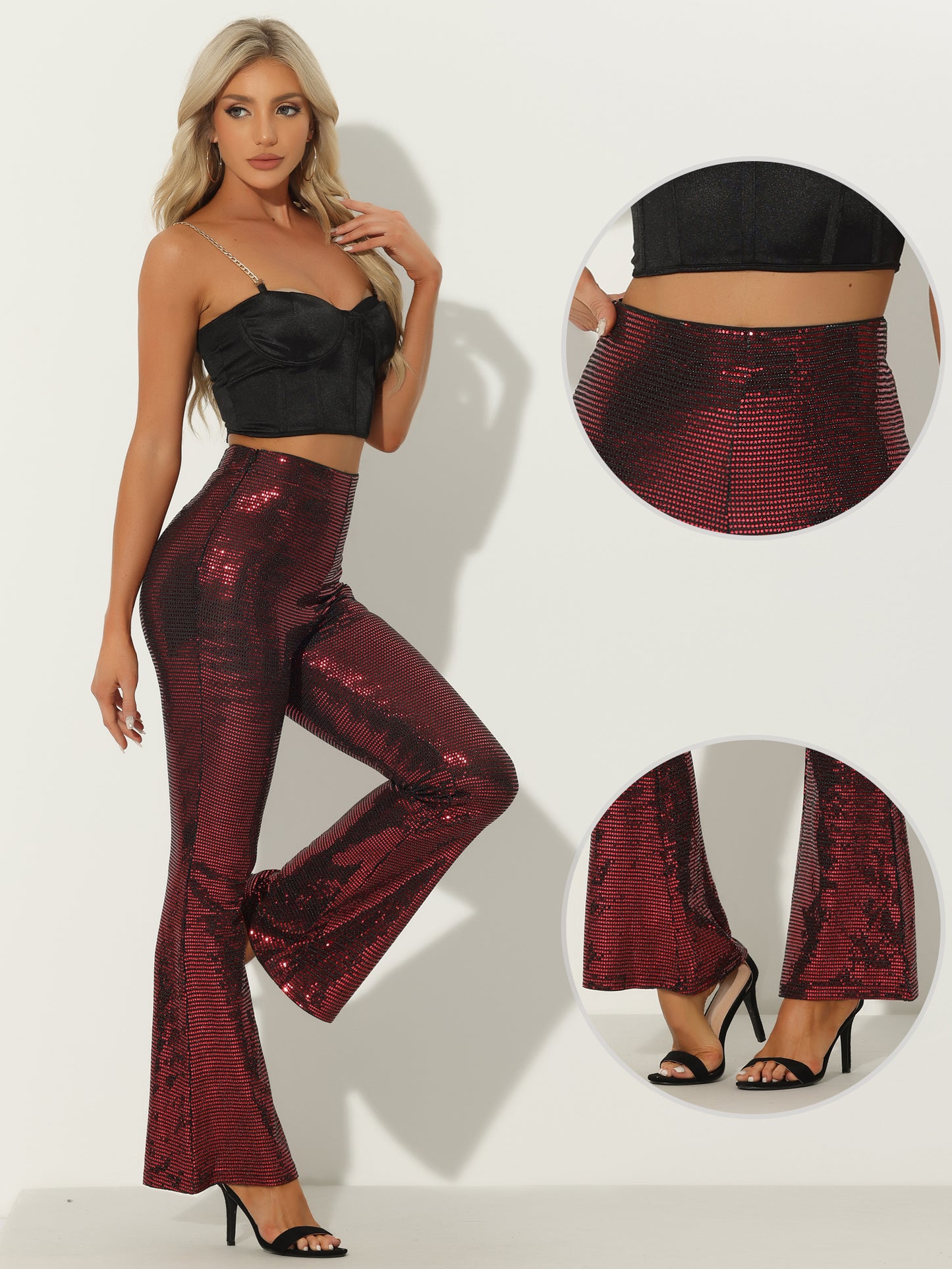 Women's Sequin Flare Pants High Waist Stretch 1980s Retro Vintage Sparkle Long Bell Bottoms