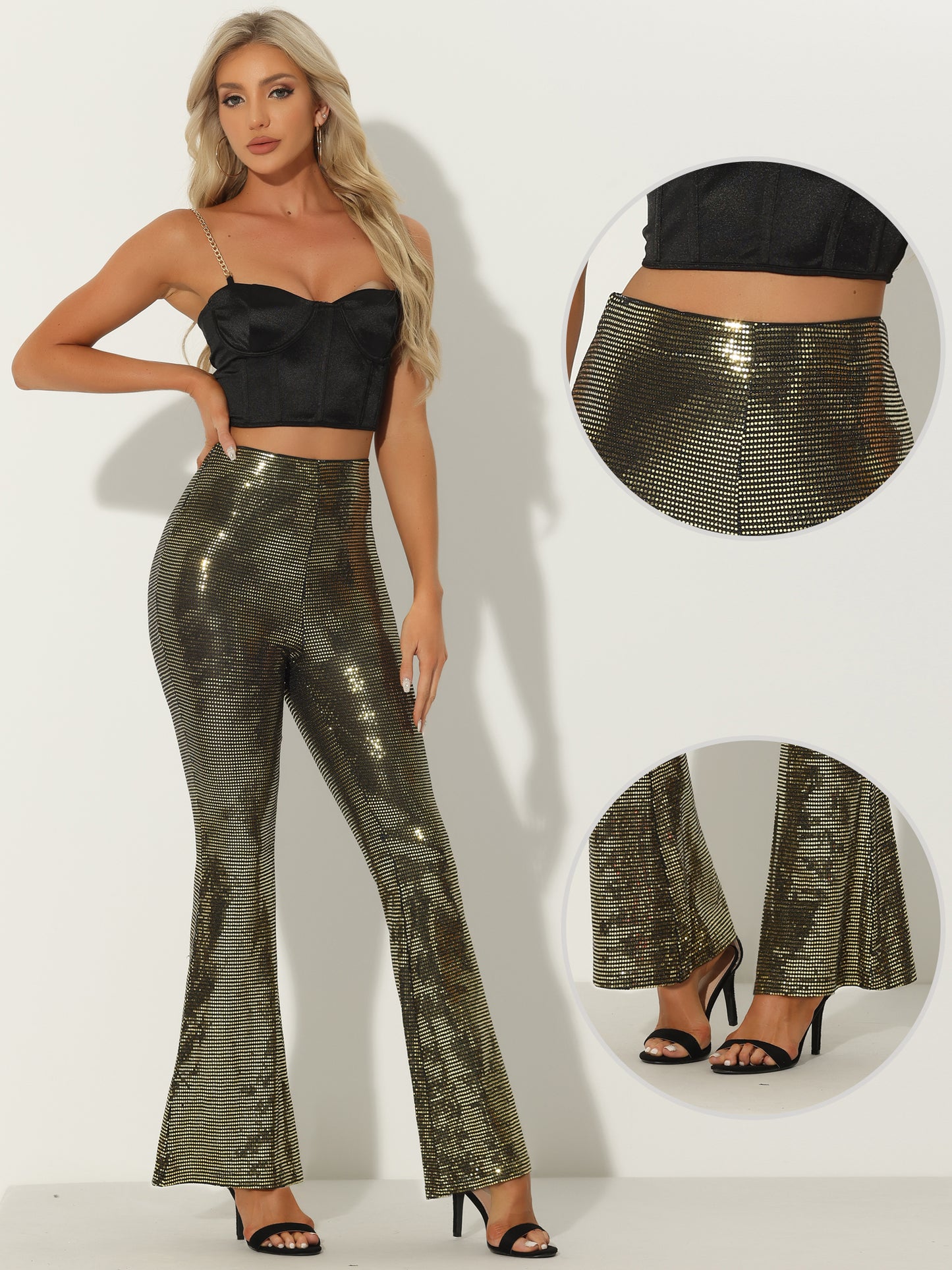 Women's Sequin Flare Pants High Waist Stretch 1980s Retro Vintage Sparkle Long Bell Bottoms