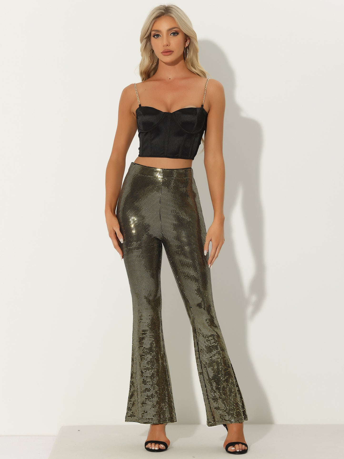 Women's Sequin Flare Pants High Waist Stretch 1980s Retro Vintage Sparkle Long Bell Bottoms