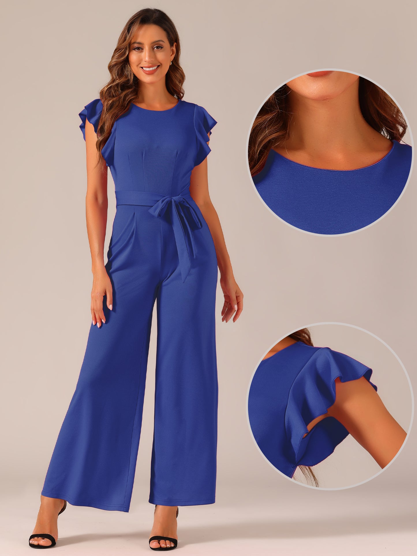 Women's Sleeveless Ruffle Jumpsuits High Waist Wide Legs Belted Elegant Office Romper