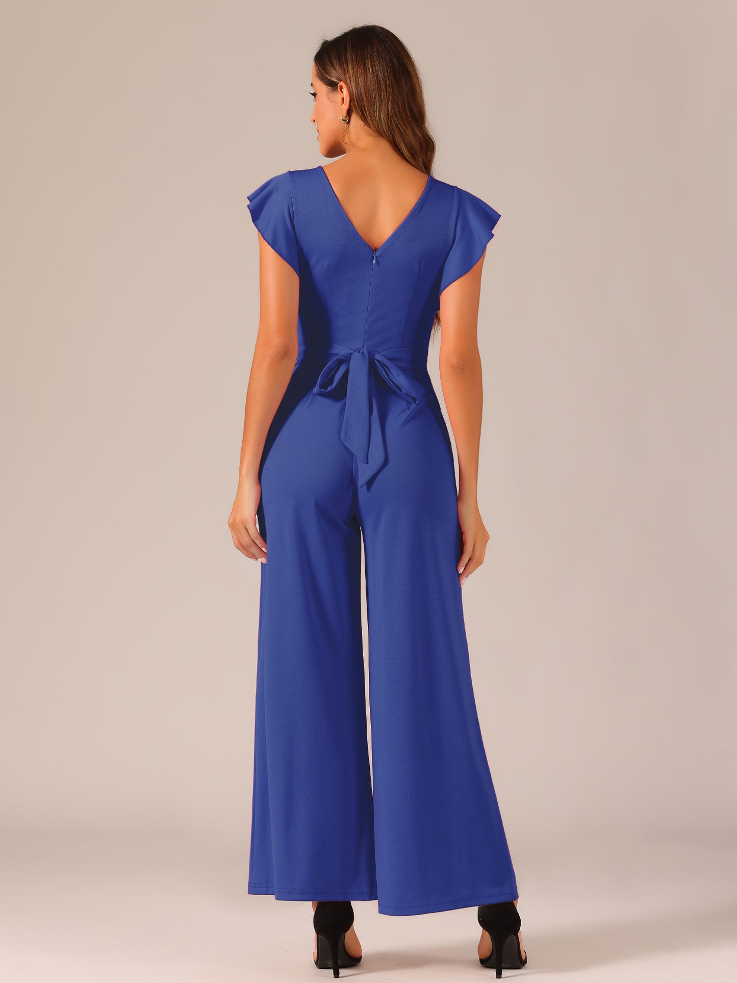 Women's Sleeveless Ruffle Jumpsuits High Waist Wide Legs Belted Elegant Office Romper