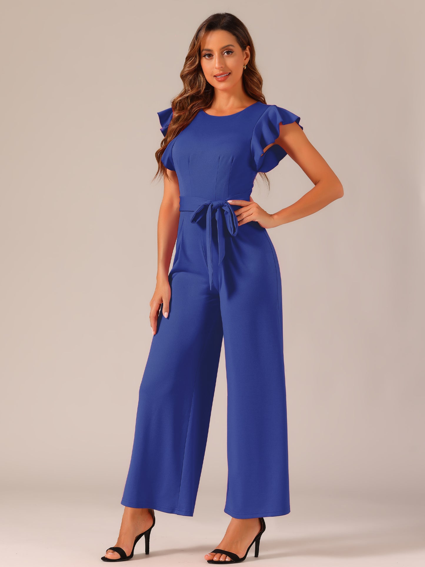 Women's Sleeveless Ruffle Jumpsuits High Waist Wide Legs Belted Elegant Office Romper