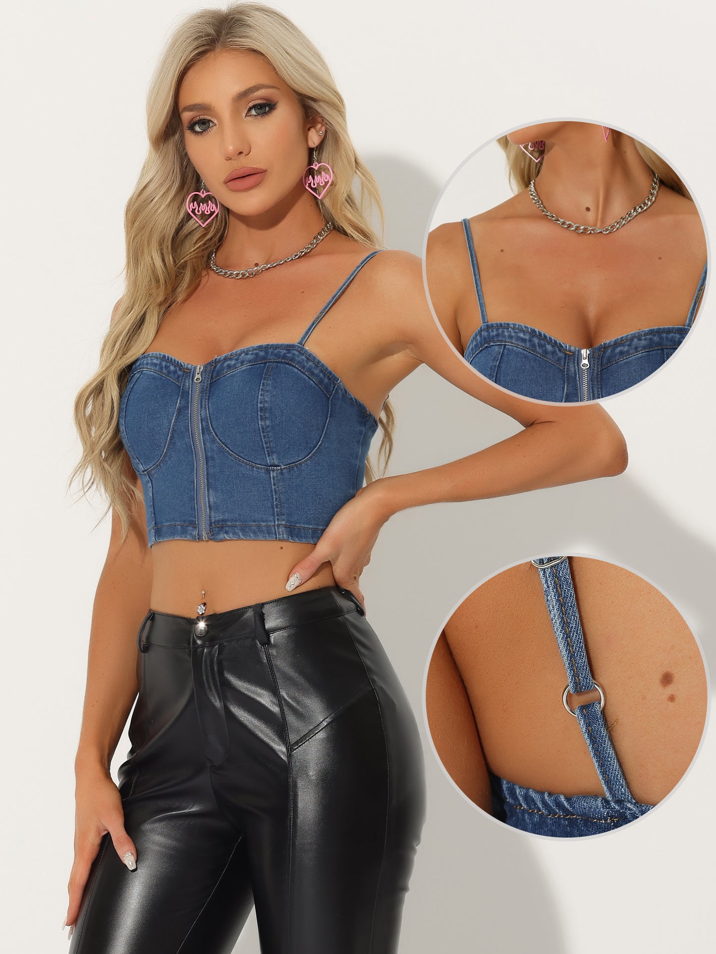 Women's Denim Bustier Crop Top Zip Up Adjustable Straps Jean Corset Top