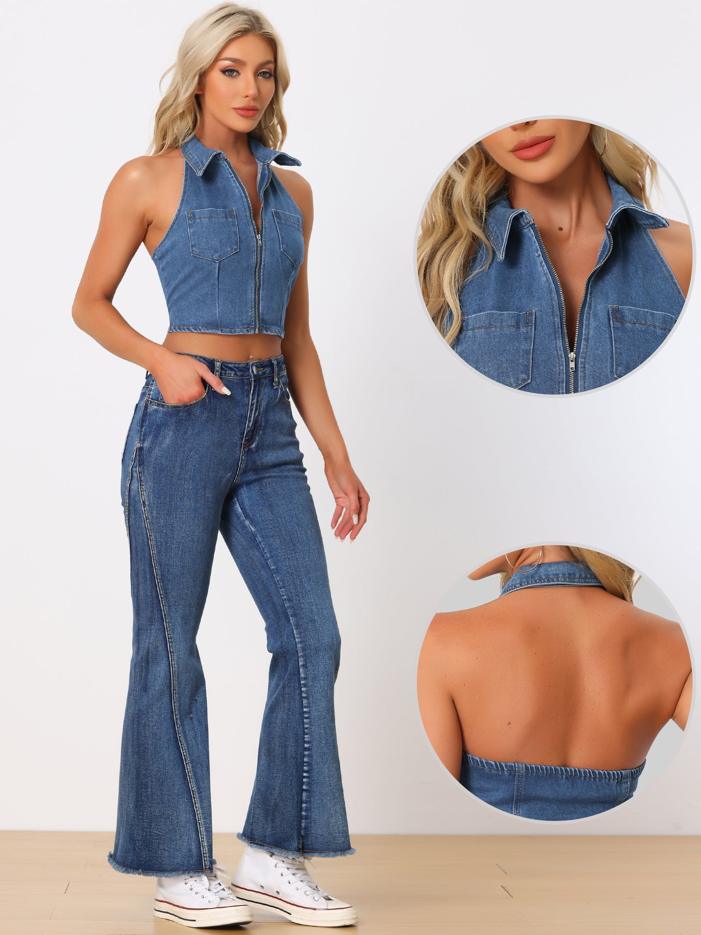 Women's Zipper Up Collared Sleeveless Jean Corset Denim Halter Top
