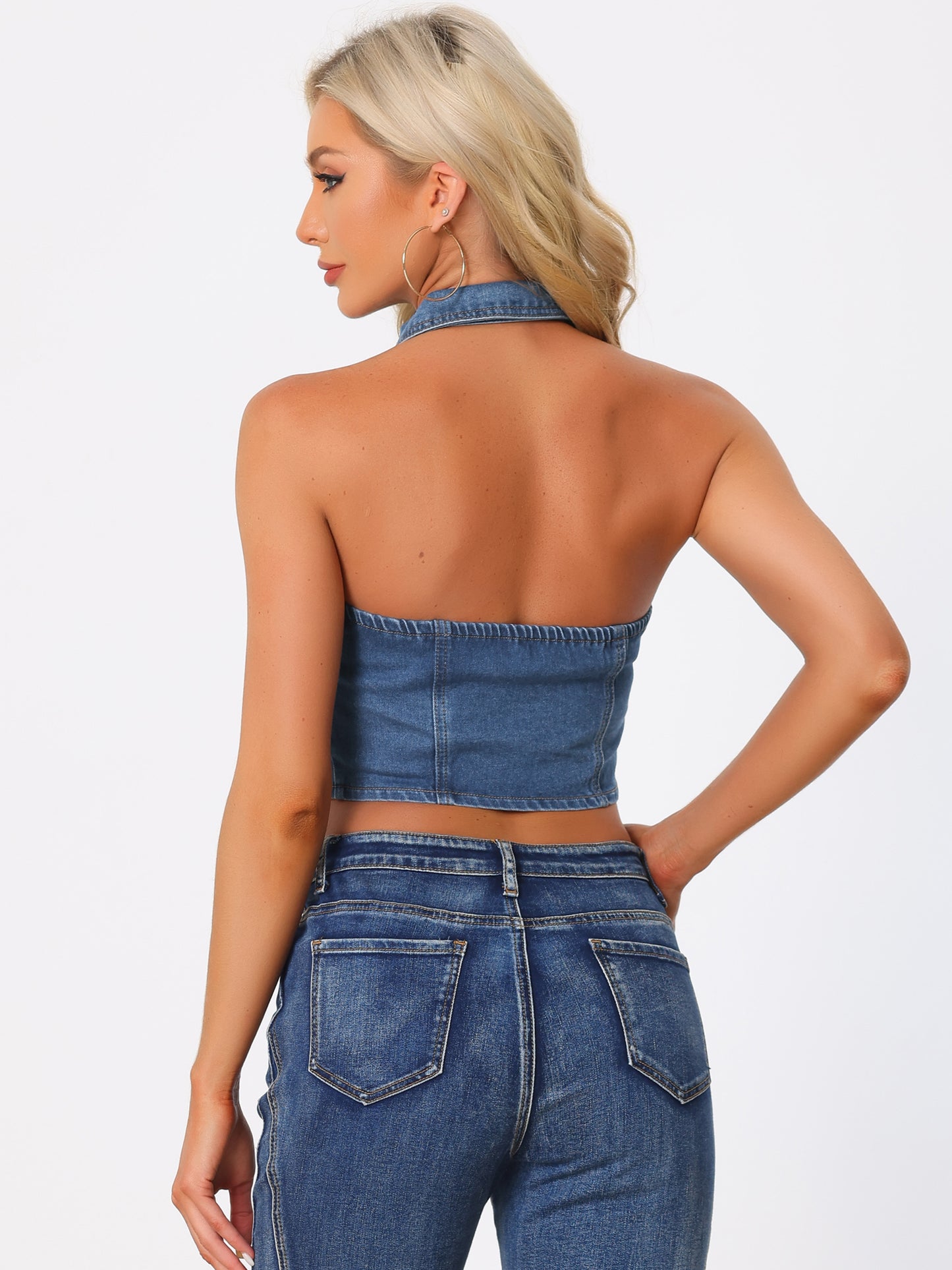 Women's Zipper Up Collared Sleeveless Jean Corset Denim Halter Top