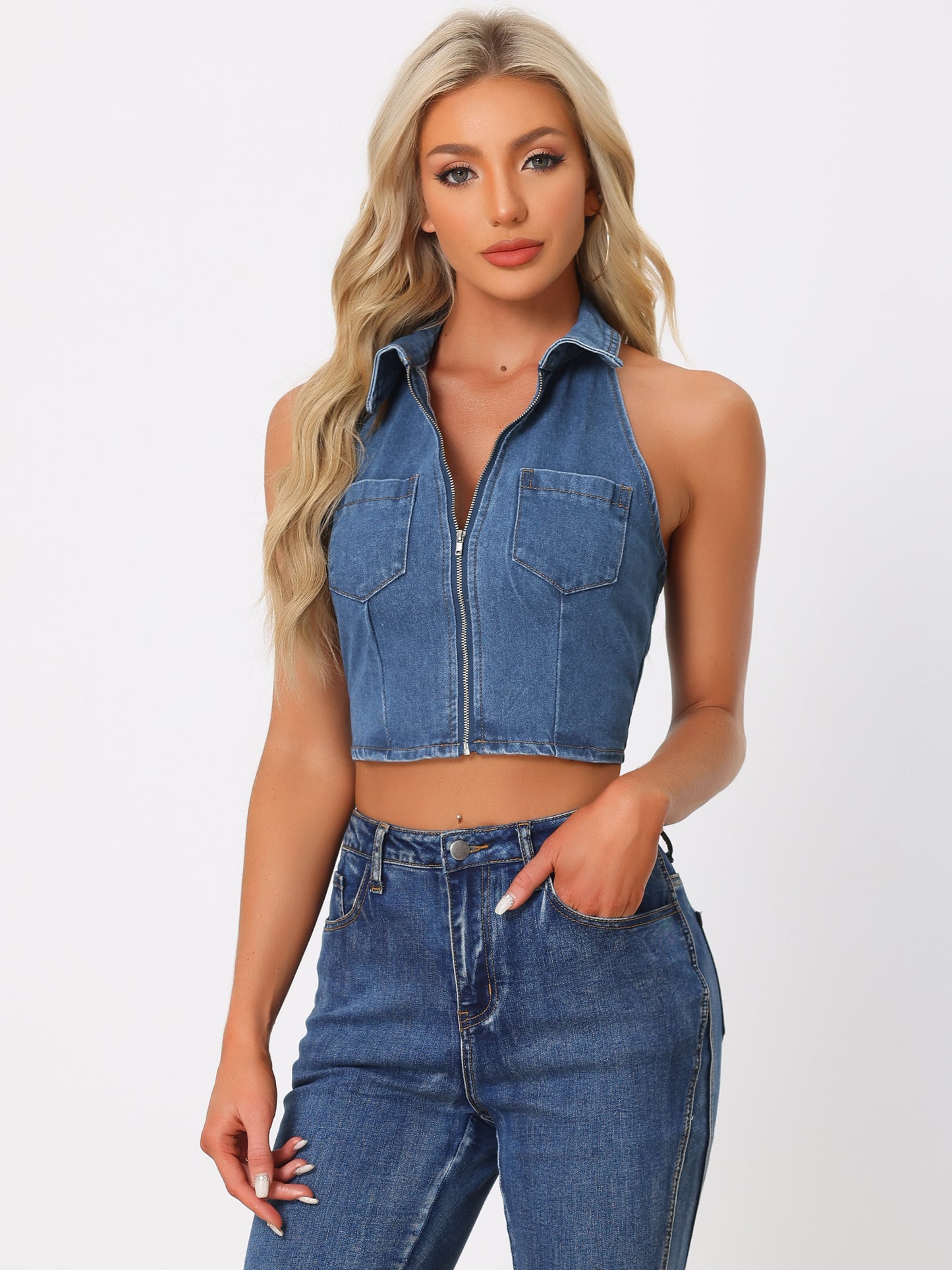 Women's Zipper Up Collared Sleeveless Jean Corset Denim Halter Top