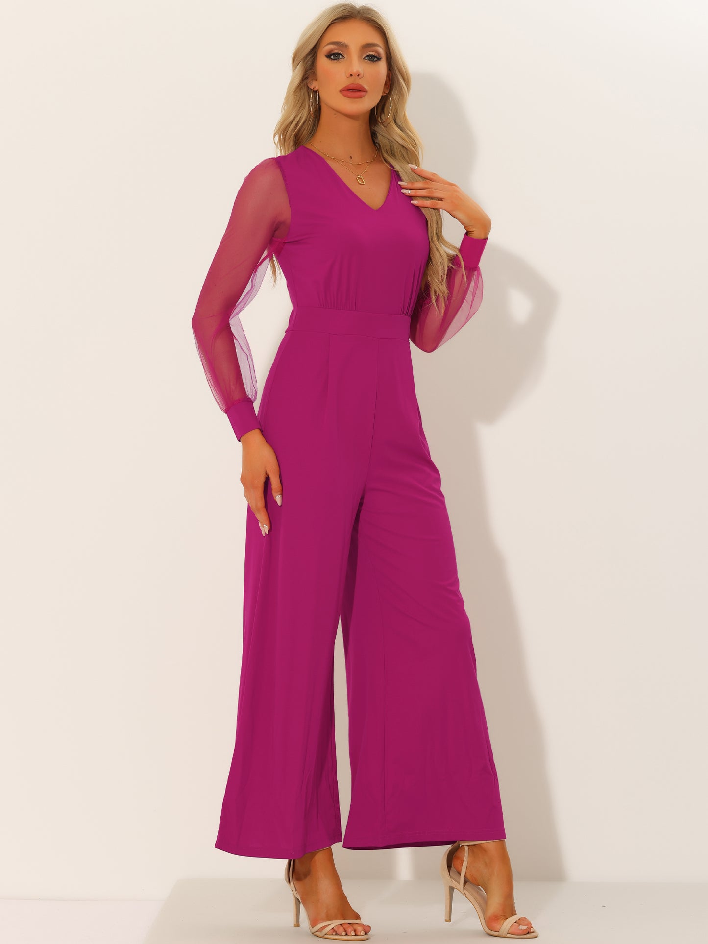 Women's Elegant V Neck Mesh Long Sleeve Loose Wide Leg Romper Cocktail Jumpsuits