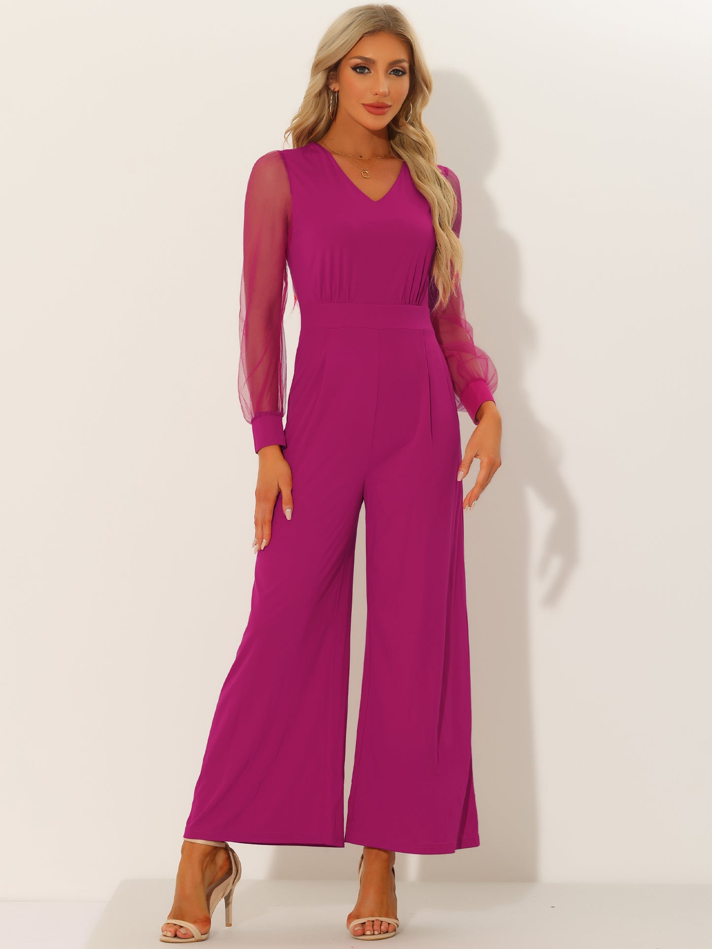 Women's Elegant V Neck Mesh Long Sleeve Loose Wide Leg Romper Cocktail Jumpsuits