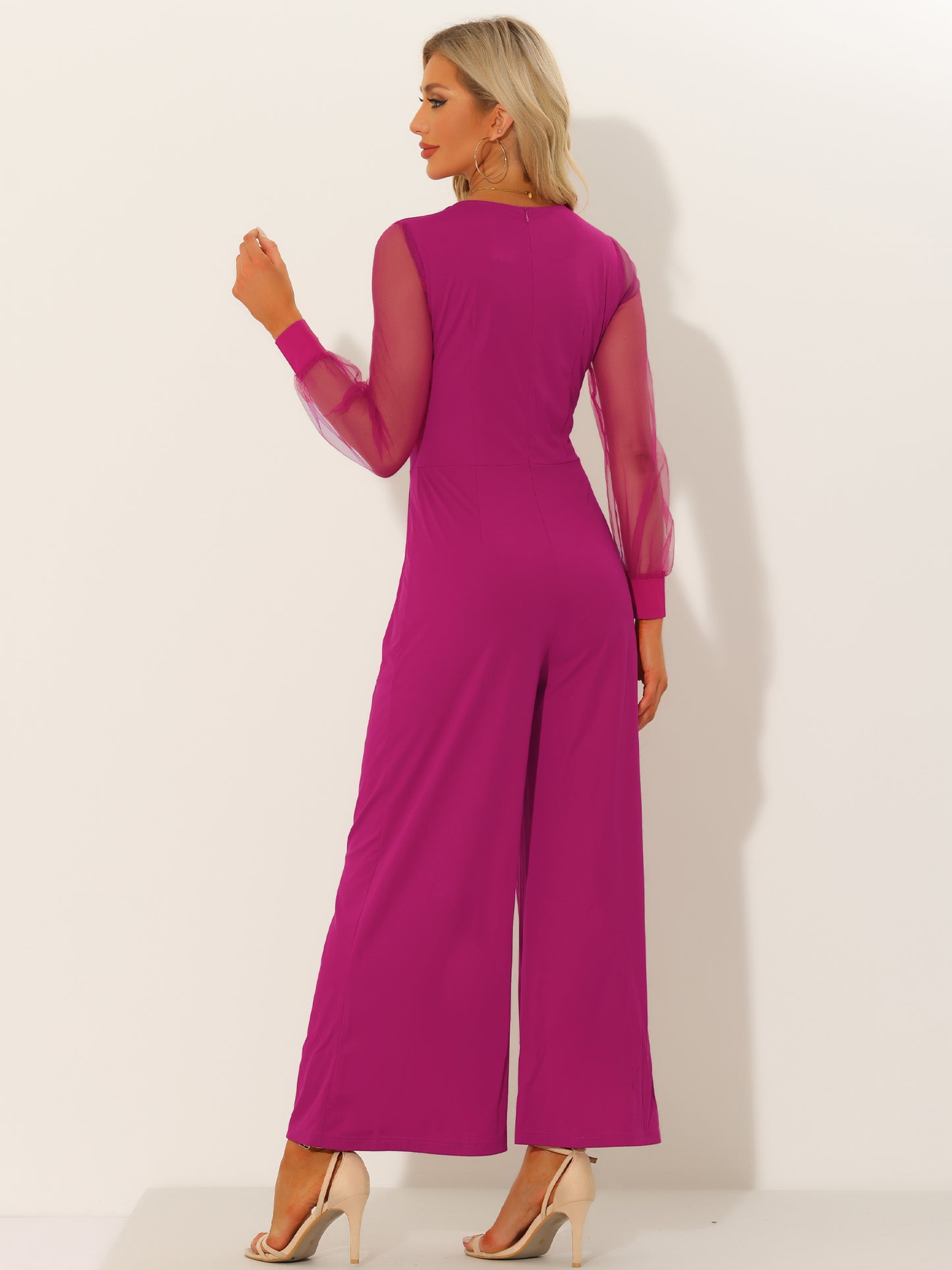 Women's Elegant V Neck Mesh Long Sleeve Loose Wide Leg Romper Cocktail Jumpsuits