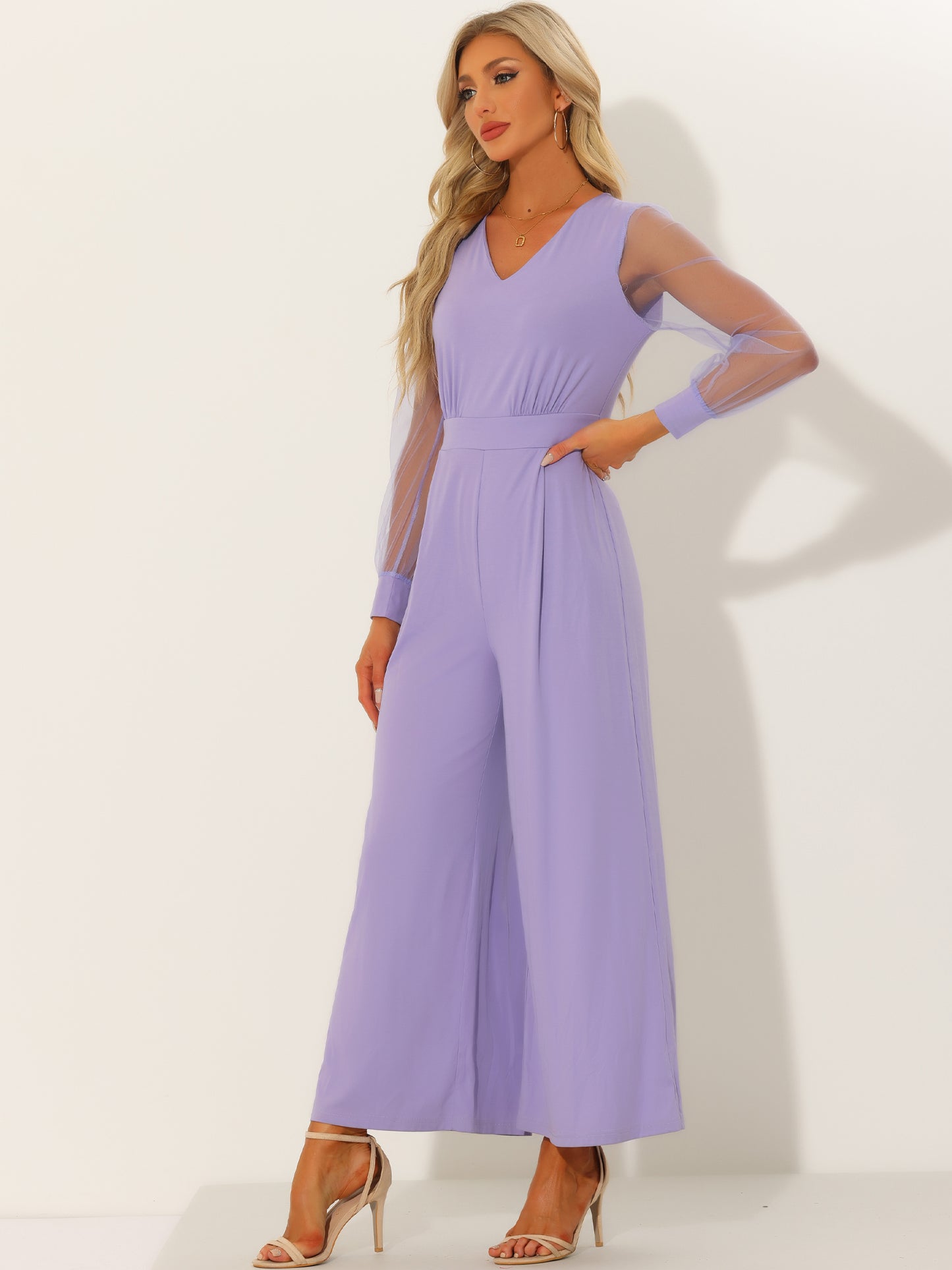 Women's Elegant V Neck Mesh Long Sleeve Loose Wide Leg Romper Cocktail Jumpsuits