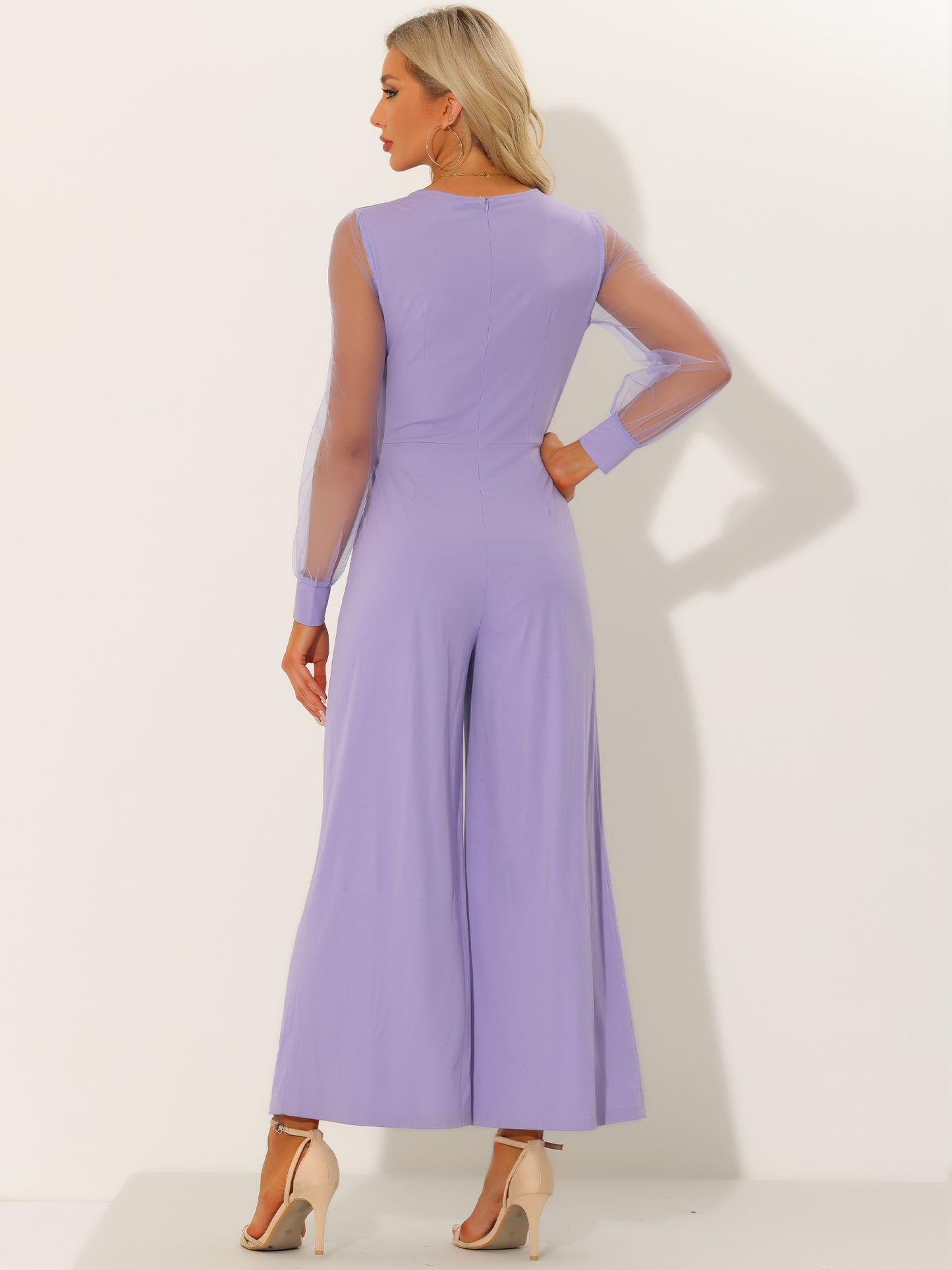 Women's Elegant V Neck Mesh Long Sleeve Loose Wide Leg Romper Cocktail Jumpsuits