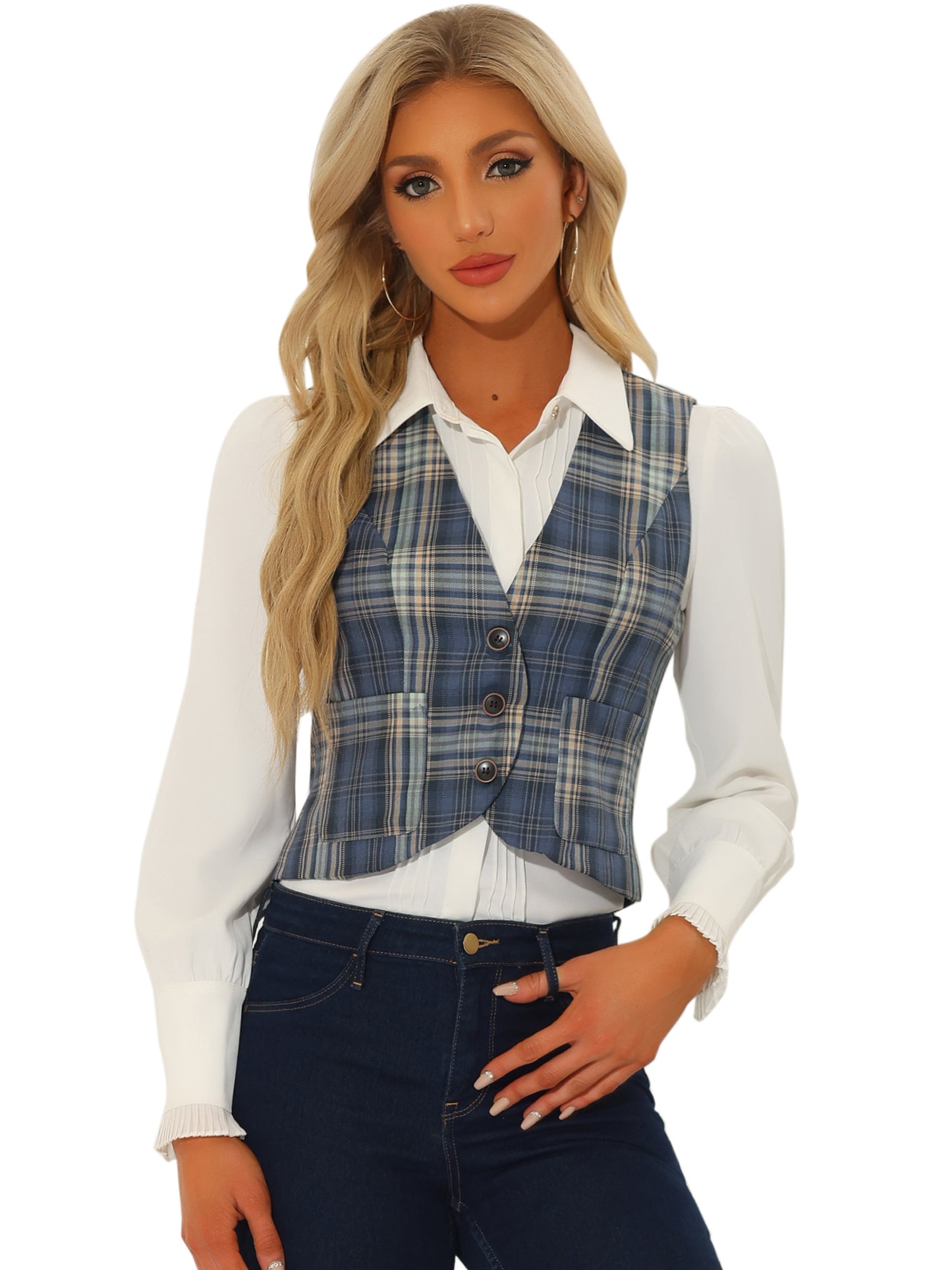 Women's Single Breasted Sleeveless Racerback Waistcoat Plaid Vest