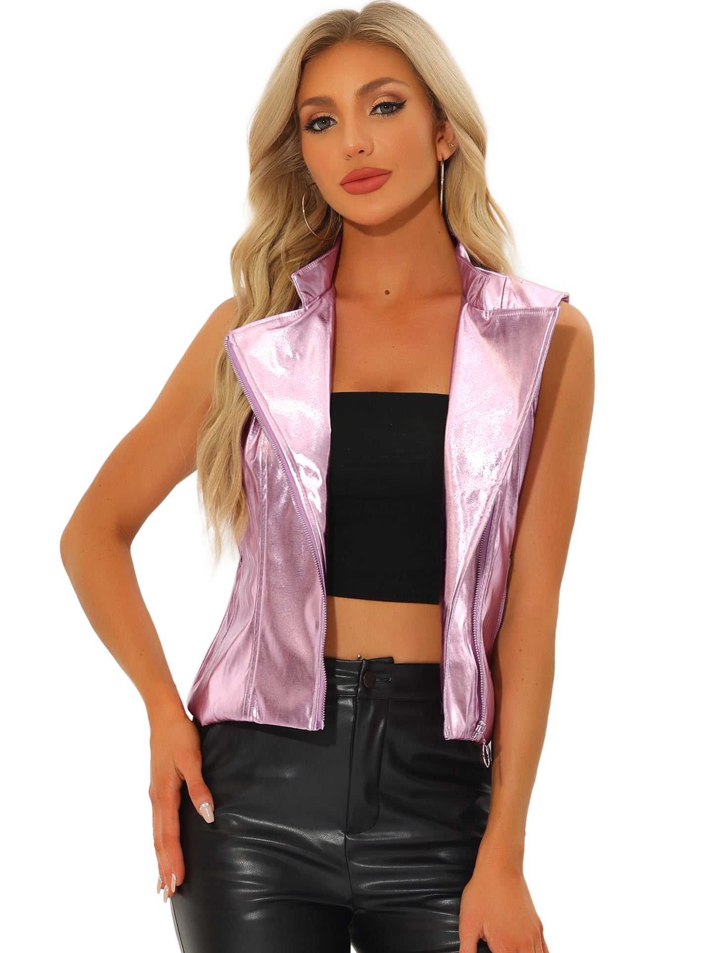 Women's Metallic Holographic Shiny Stand Collar Sleeveless Faux Leather Retro Disco Vest