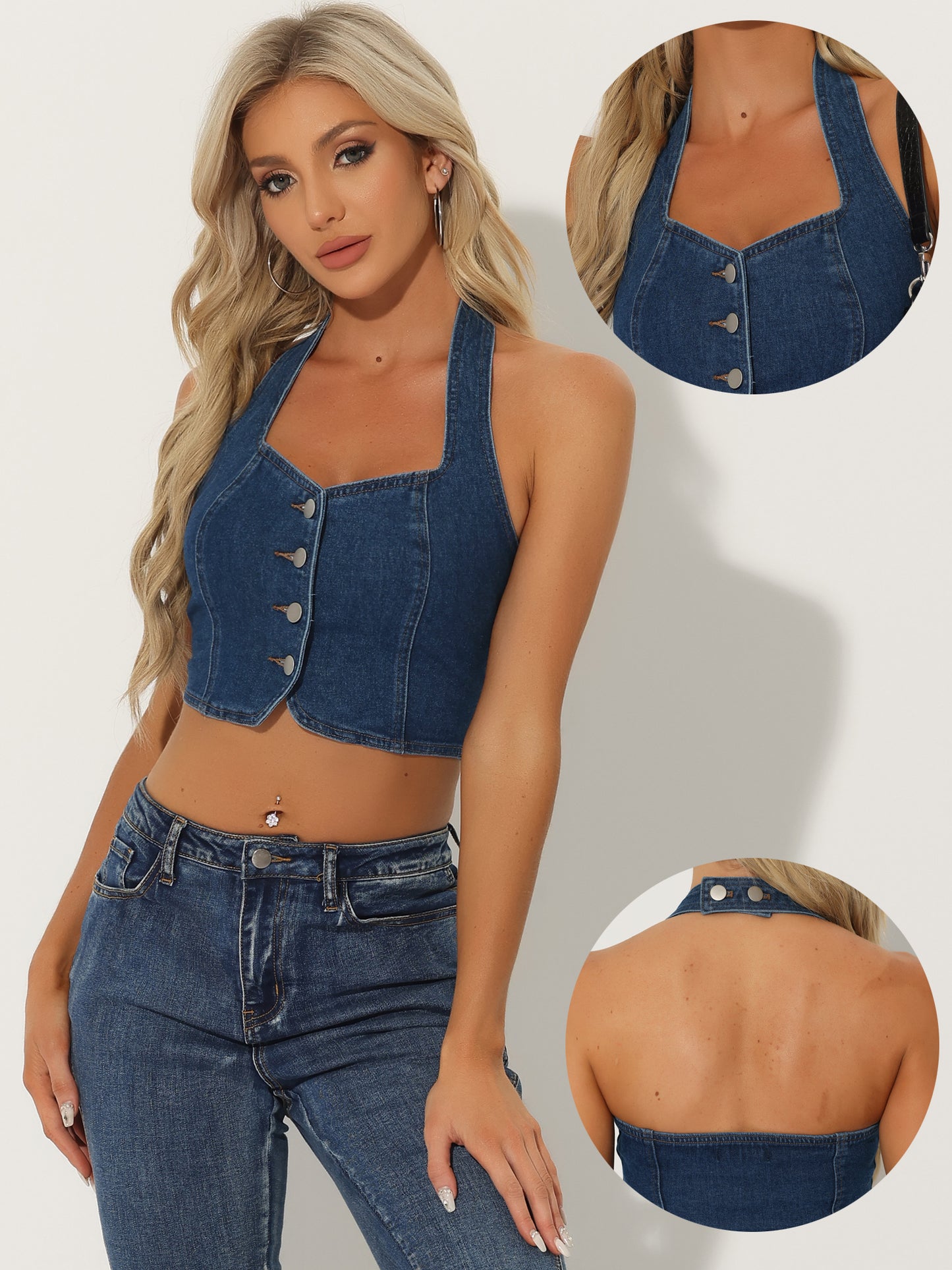 Women's Denim Crop Top Sleeveless Button Front Halter Backless Jean Tank Top