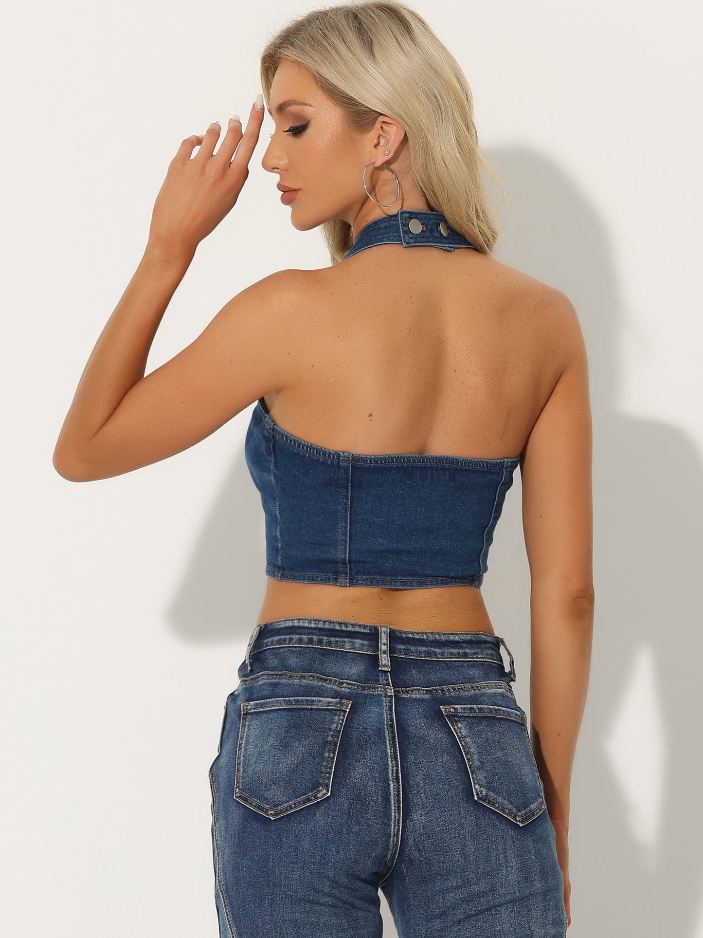 Women's Denim Crop Top Sleeveless Button Front Halter Backless Jean Tank Top