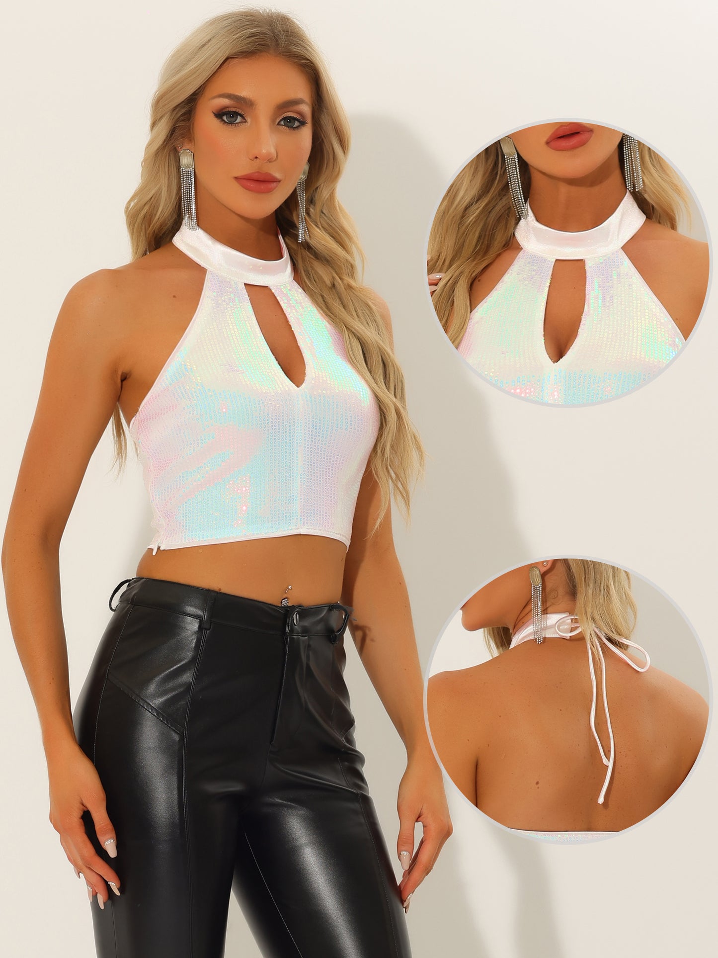Top corto metálico sin mangas con cuello halter y lentejuelas para mujer, con aberturas para fiestas y brillantes