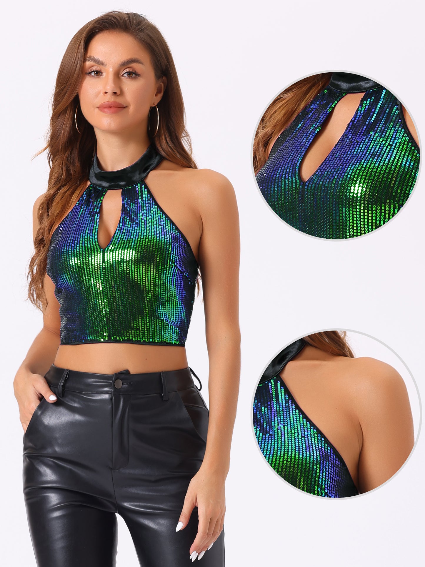 Women's Metallic Crop Top Sleeveless Halter Neck Sequin Party Cut-Out Sparkly Tops