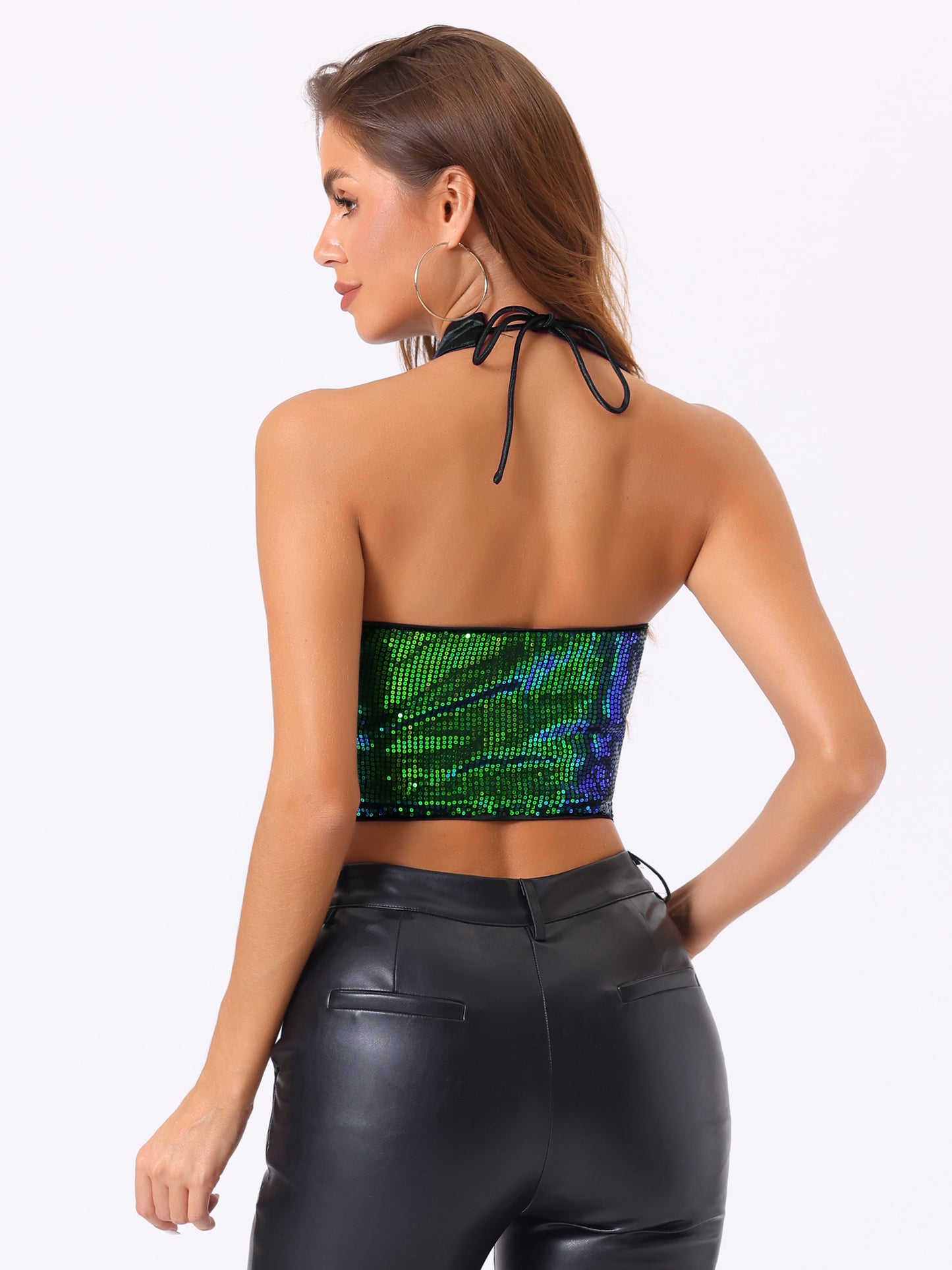 Women's Metallic Crop Top Sleeveless Halter Neck Sequin Party Cut-Out Sparkly Tops