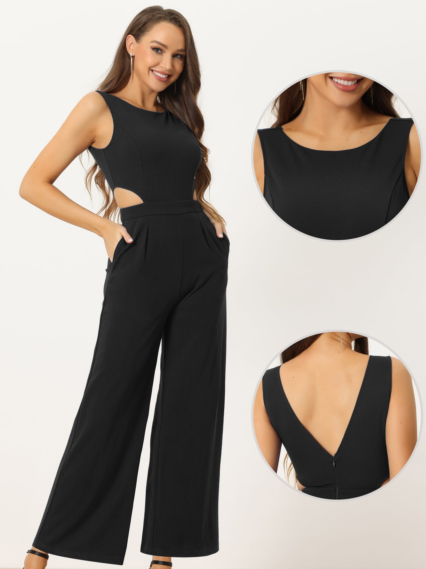 Women's Summer Jumpsuit Sleeveless Backless Cutout High Waist Wide Leg Jumpsuits