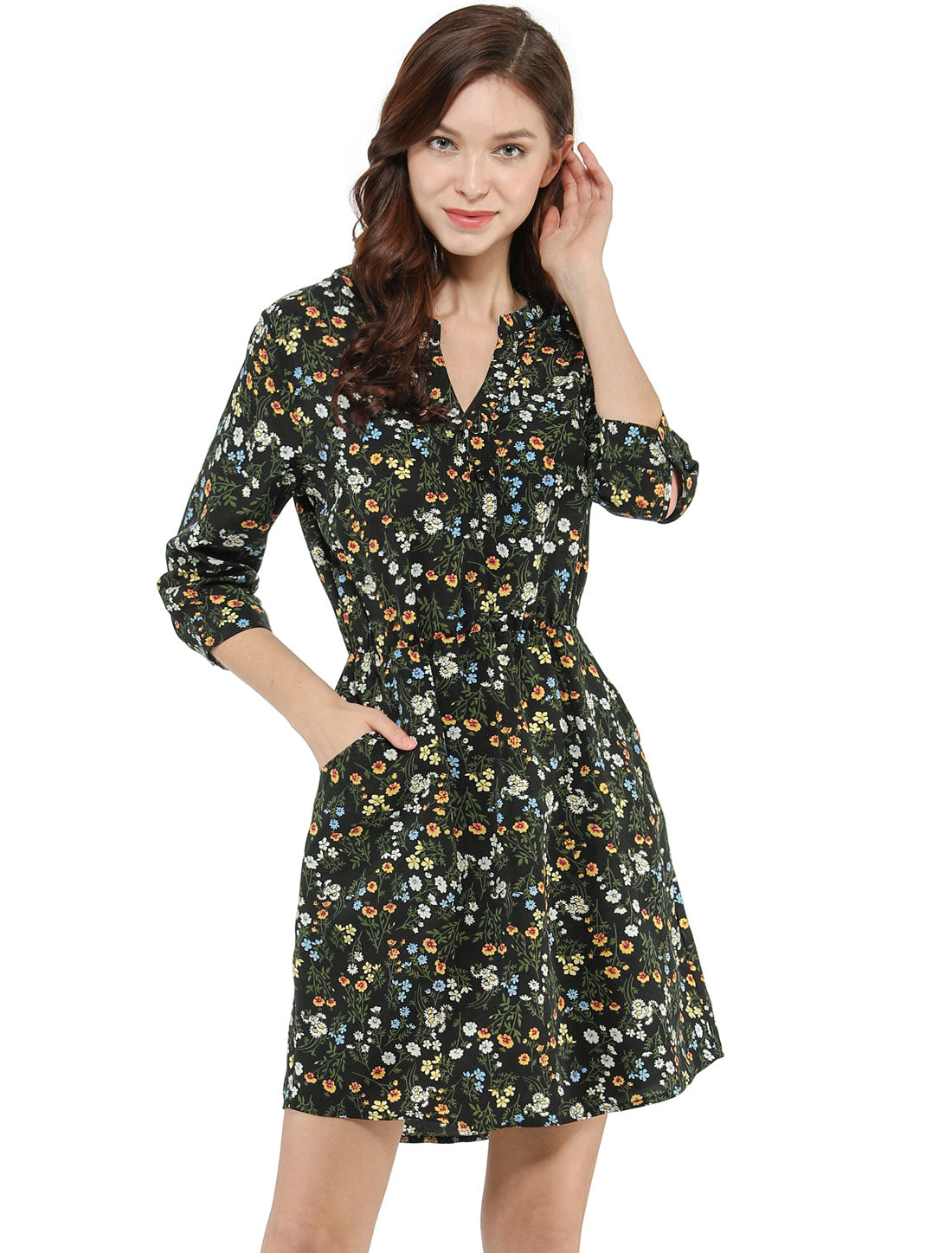 Women's Button-Up V Neck 3/4 Sleeves Floral Shirt Dress with Pockets