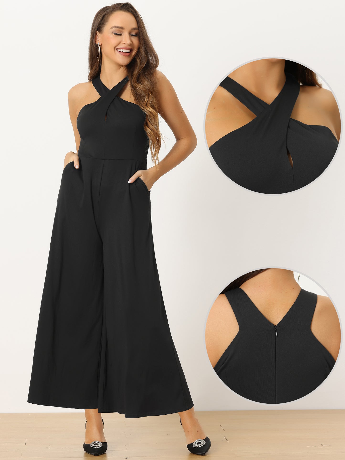 Women's Cross Neck Jumpsuits Full Length Wide Leg Sleeveless Cocktail Romper