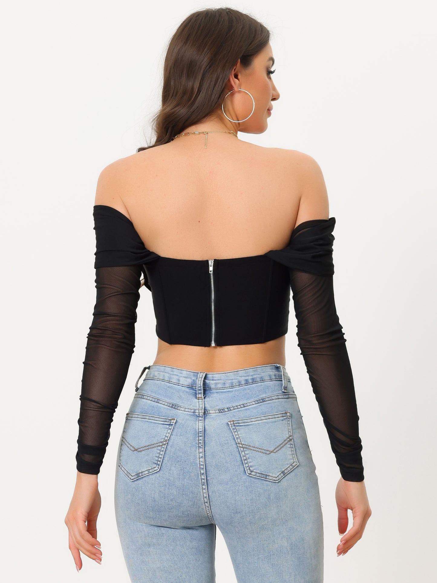 Women's Mesh Sheer Long Sleeve Corset Crop Top Ruched Off Shoulder Blouse Push Up Party Boned Bustier