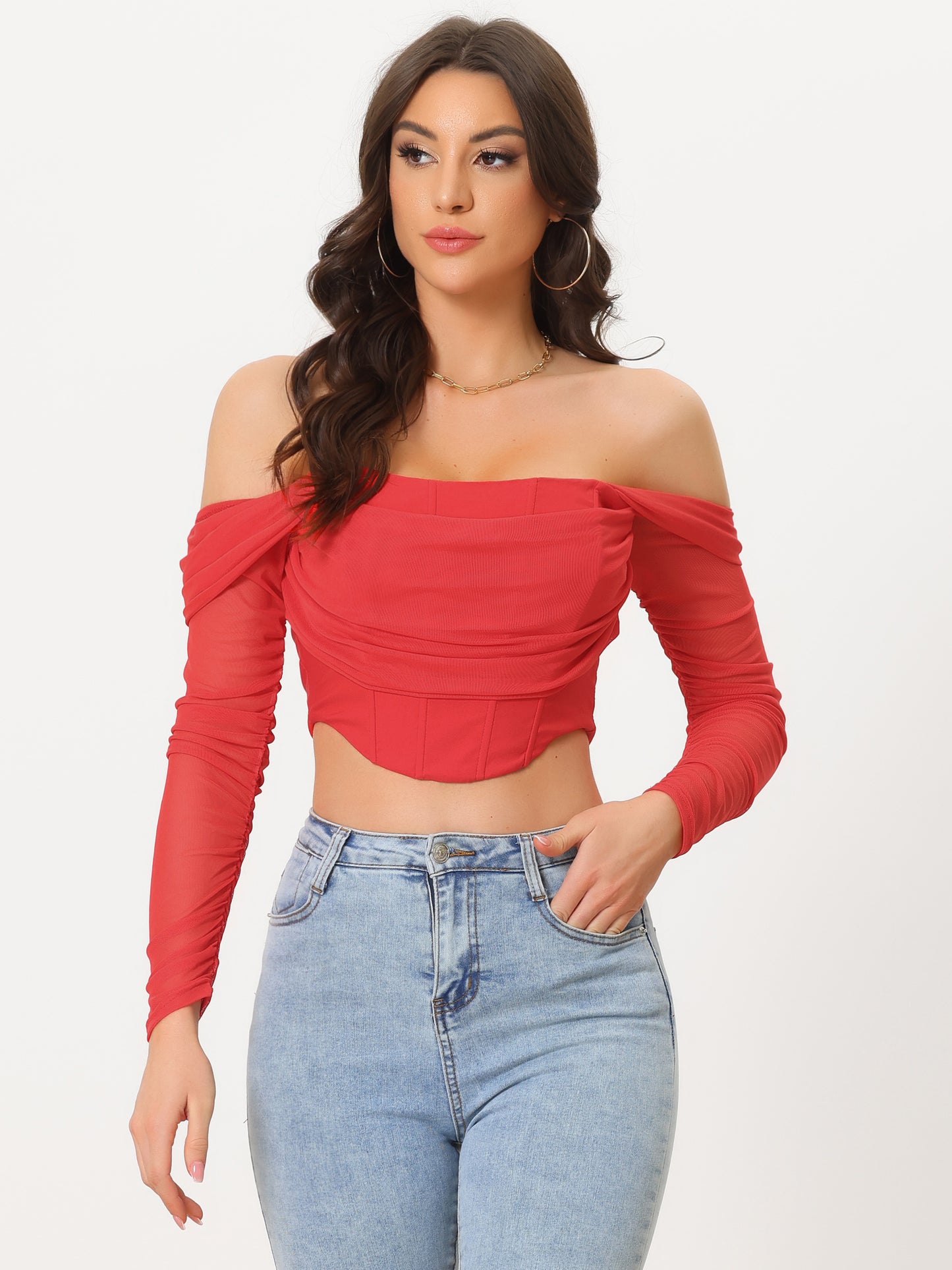 Women's Mesh Sheer Long Sleeve Corset Crop Top Ruched Off Shoulder Blouse Push Up Party Boned Bustier