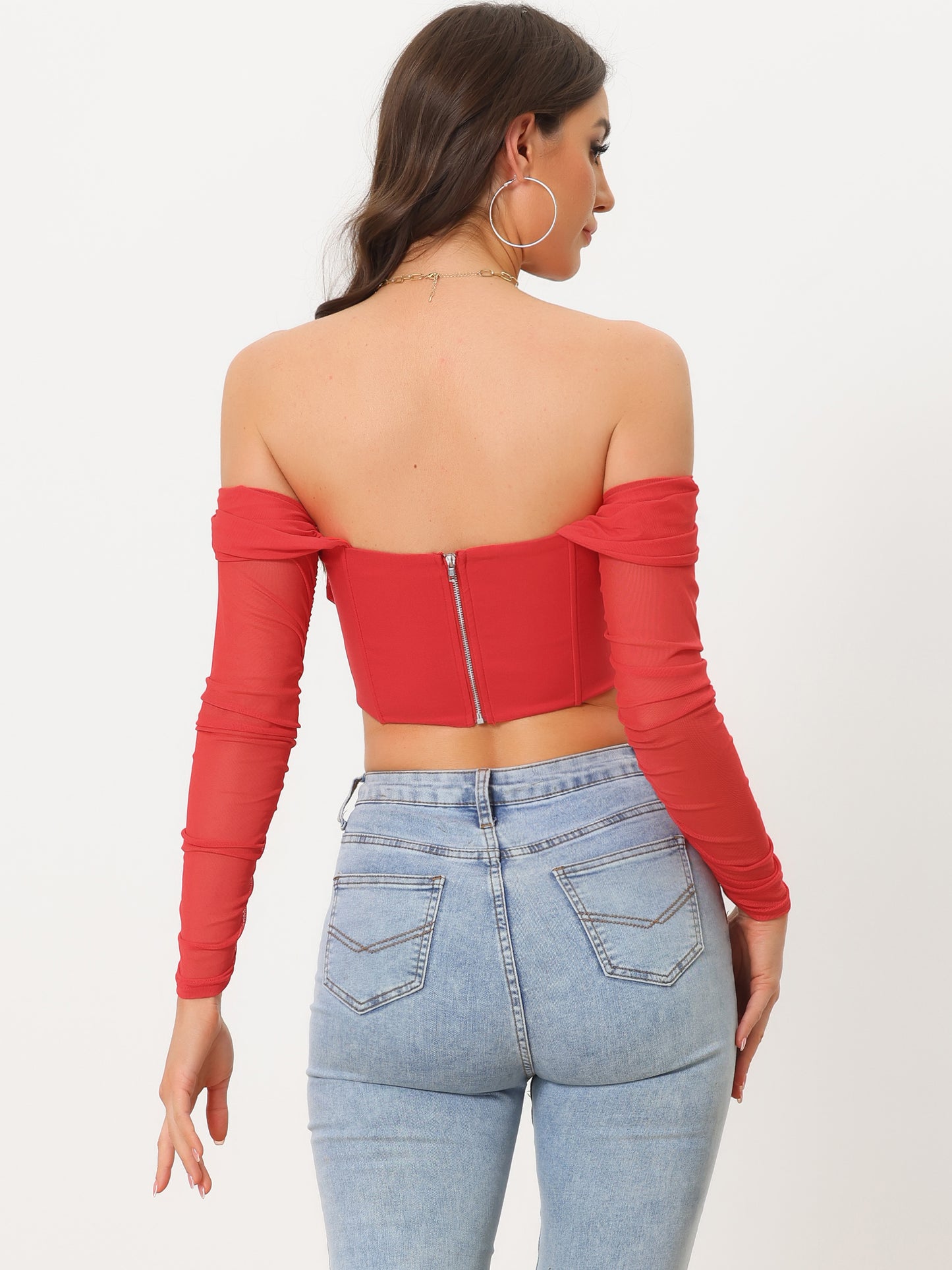 Women's Mesh Sheer Long Sleeve Corset Crop Top Ruched Off Shoulder Blouse Push Up Party Boned Bustier
