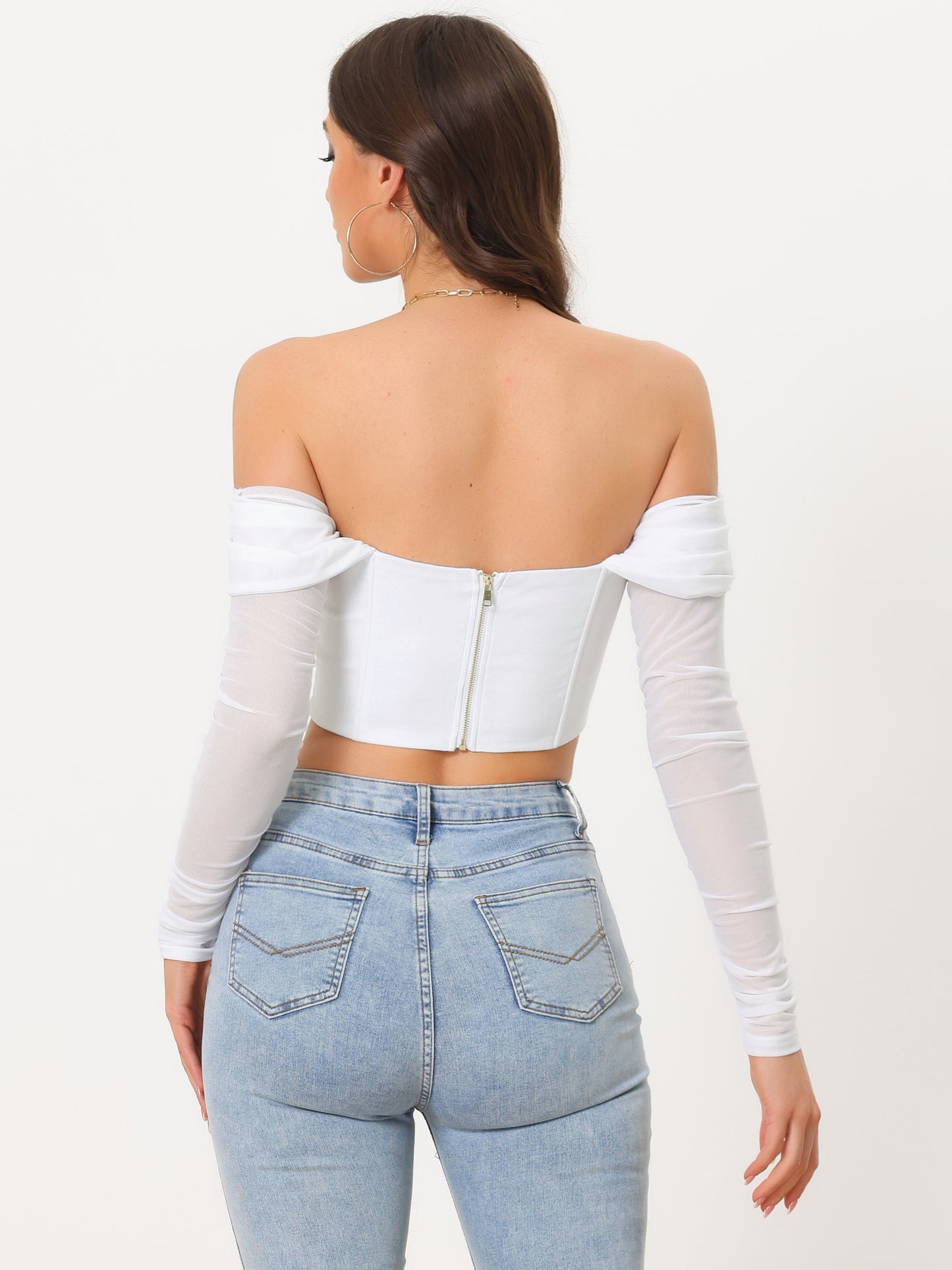 Women's Mesh Sheer Long Sleeve Corset Crop Top Ruched Off Shoulder Blouse Push Up Party Boned Bustier