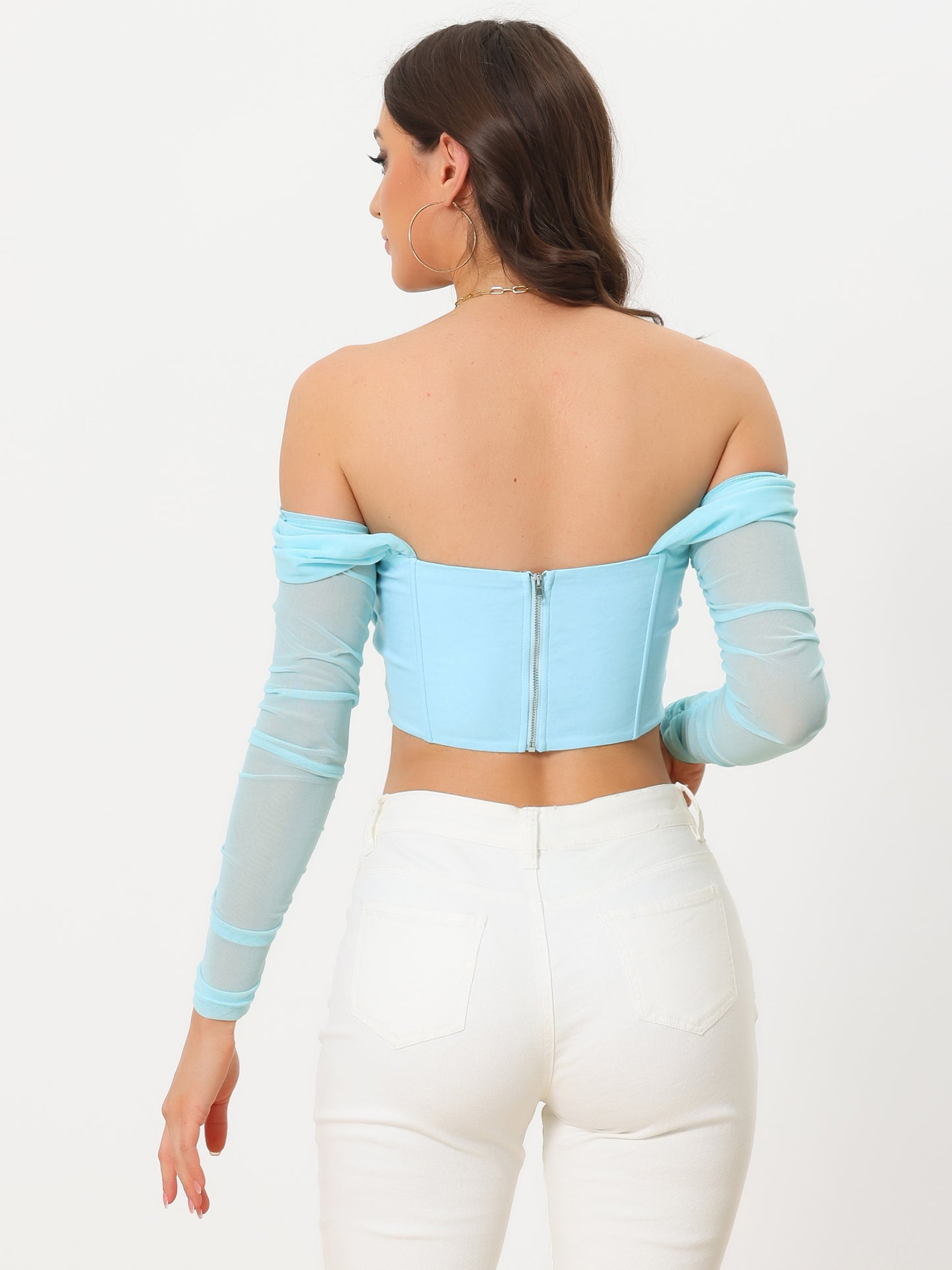 Women's Mesh Sheer Long Sleeve Corset Crop Top Ruched Off Shoulder Blouse Push Up Party Boned Bustier